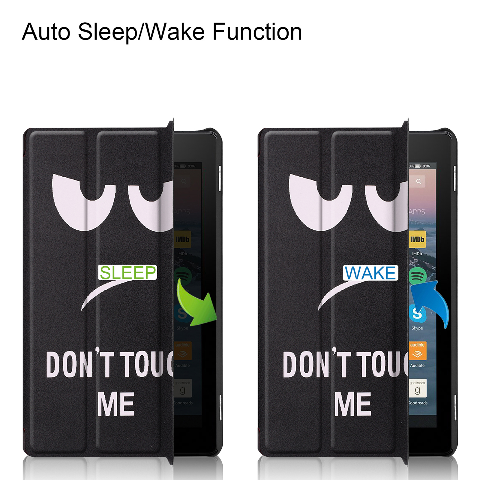 Tablet-Hülle mit Cartoon-Gesicht, geöffnet mit Bildschirm. Text: Sleep/Wake, Don't touch me.