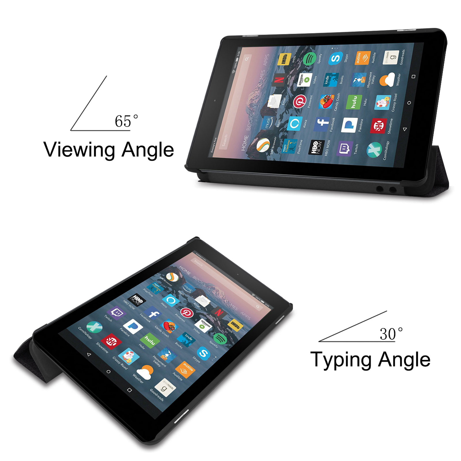 Tablet in Hülle, zeigt Betrachtungs- und Tippwinkel. Der Hintergrund ist weiß.