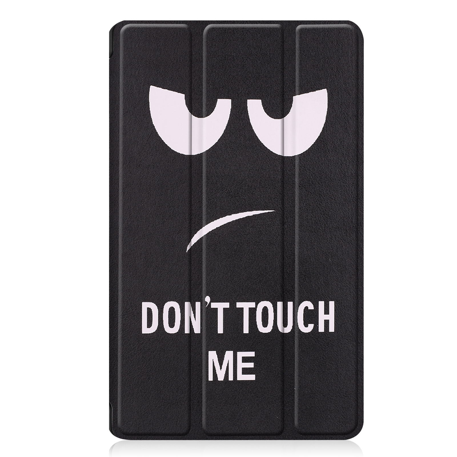 Eine schwarze Tablet-Hülle mit einem Gesicht, auf dem in Weiß 'Don't touch me' steht. Das Gesicht hat einen wütenden Ausdruck.