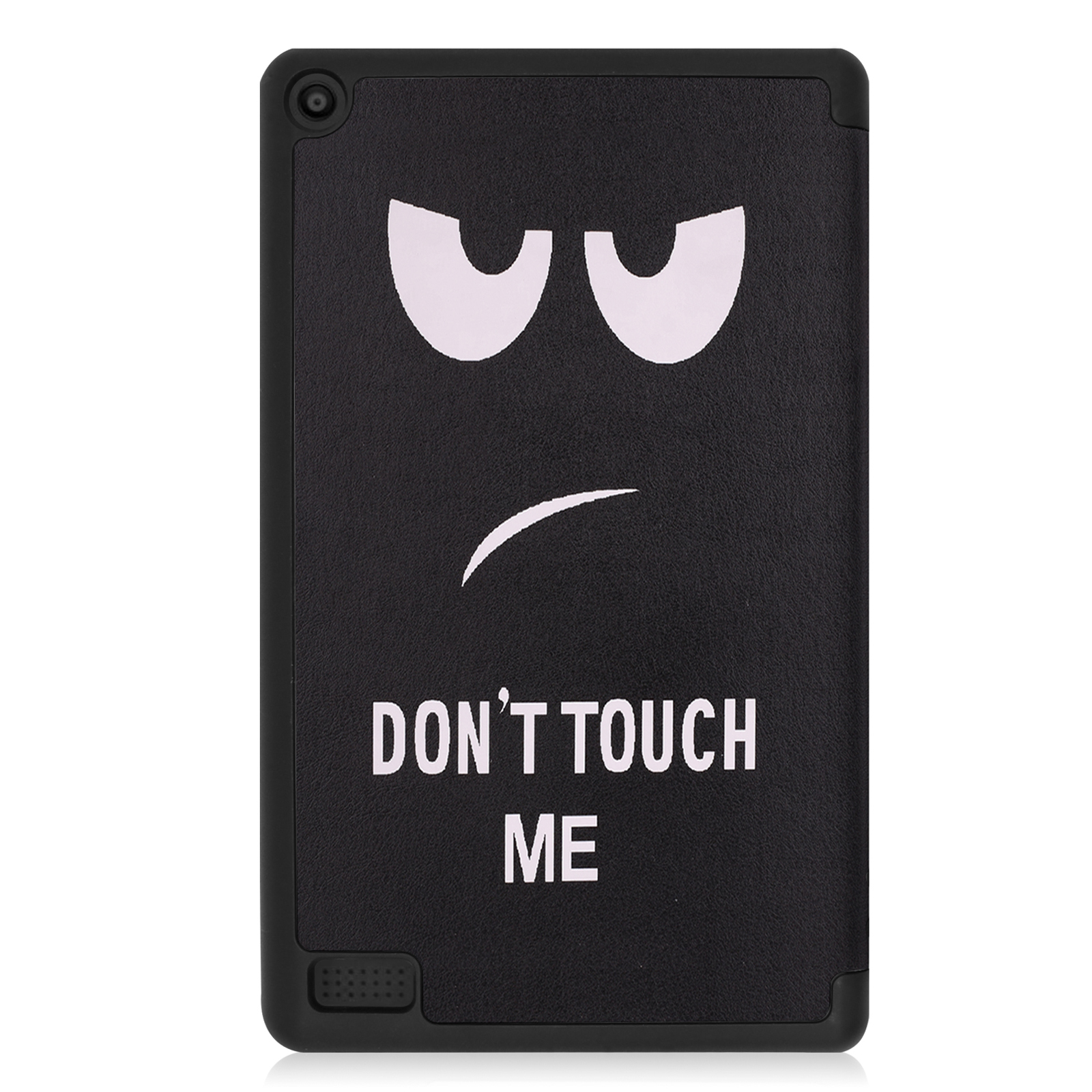 Schwarze Tablethülle mit weißem Text 'DON'T TOUCH ME' und einem wütenden Gesicht mit gebogenen Augenbrauen.