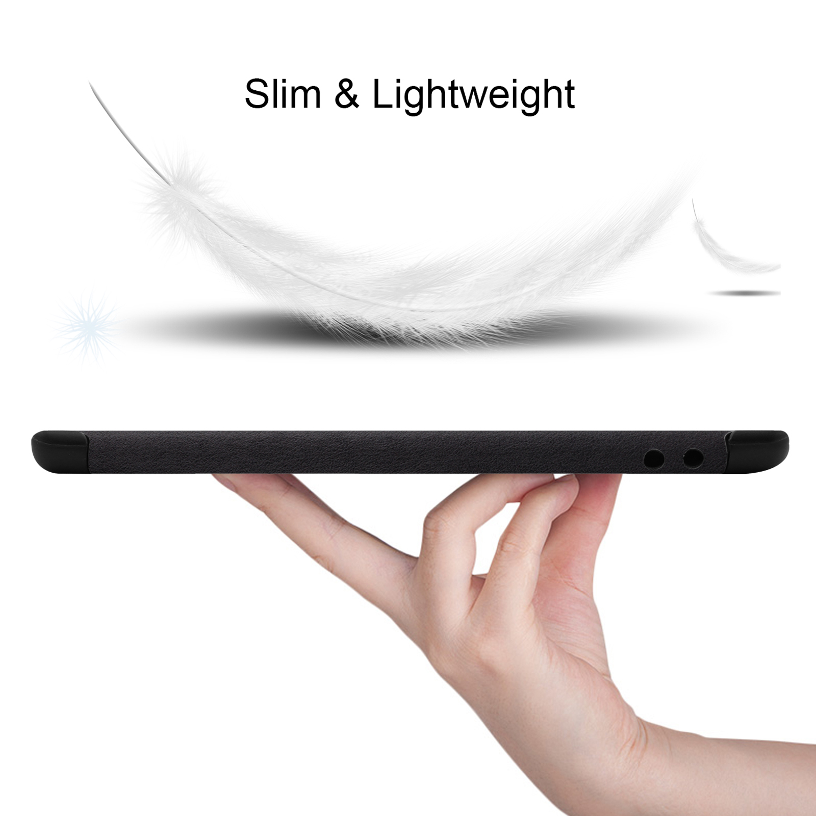 Hand hält ein schlankes, schwarzes Tablet. Federn über dem Tablet.