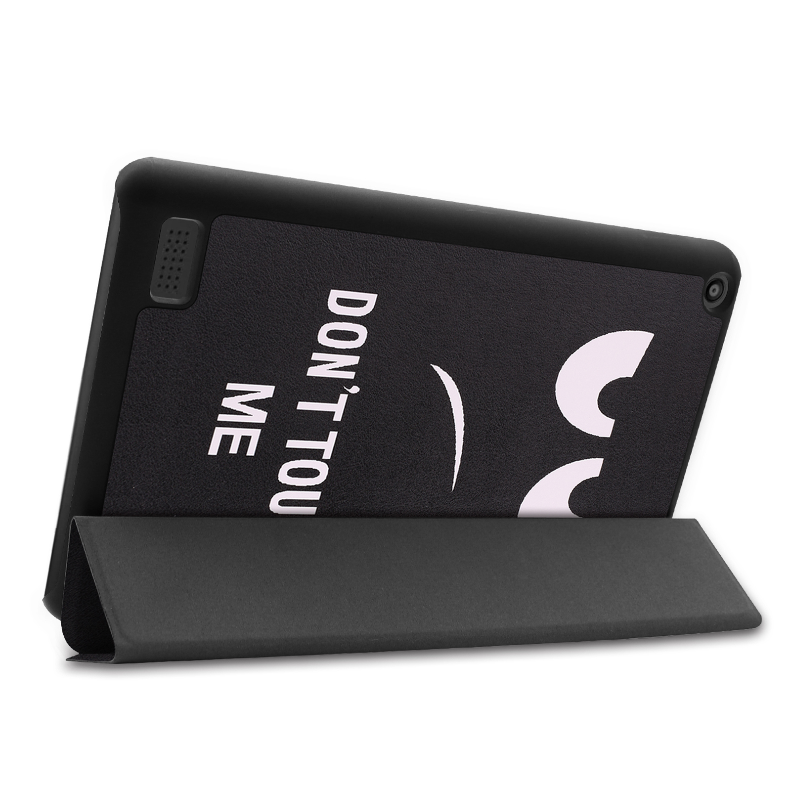 Schwarzes Tablet in einer Hülle, zeigt ein lächelndes Gesicht. Text: BERÜHRE MICH NICHT.