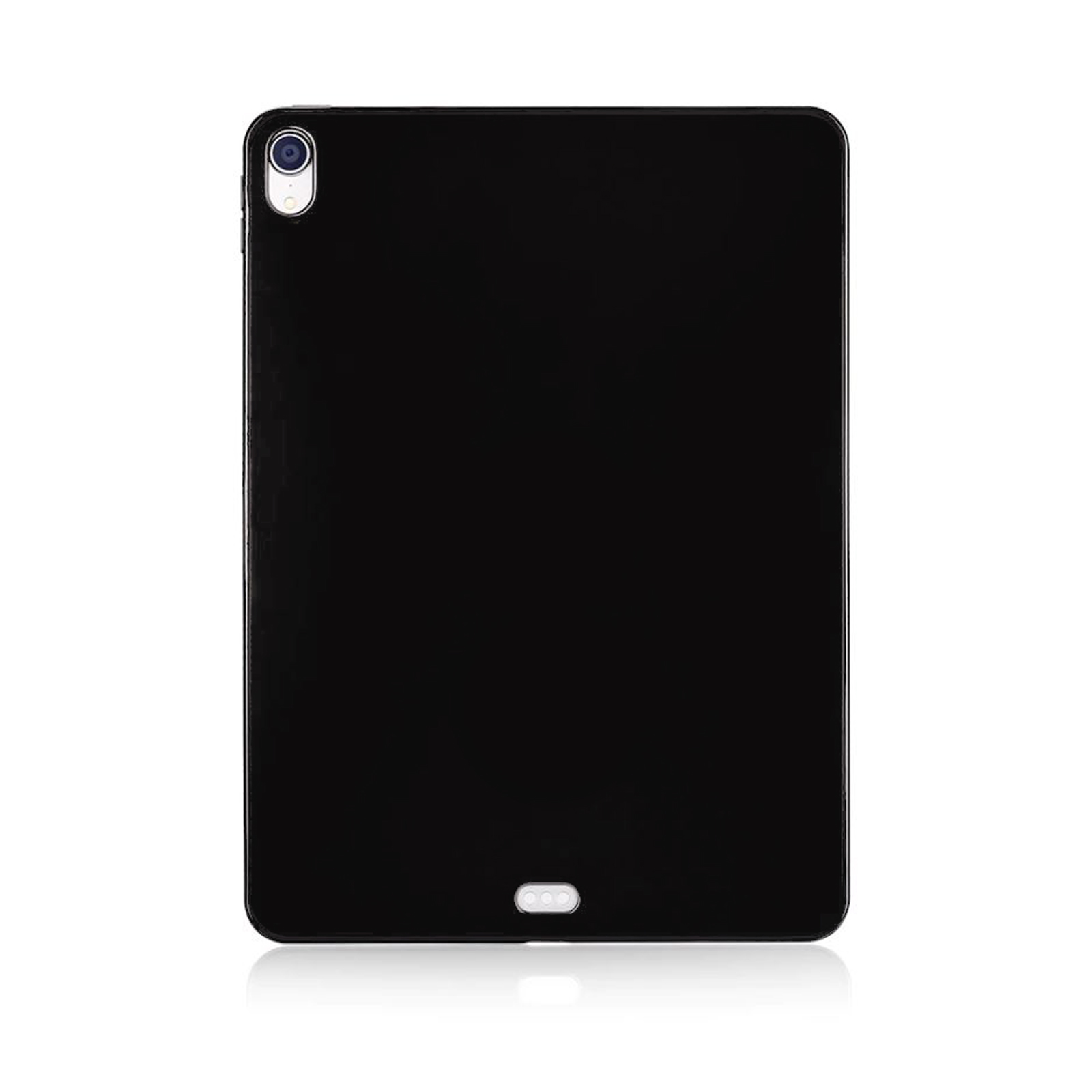 Schwarzes Tablet, Rückseite. Einfaches Design mit Kamera und Anschlüssen.