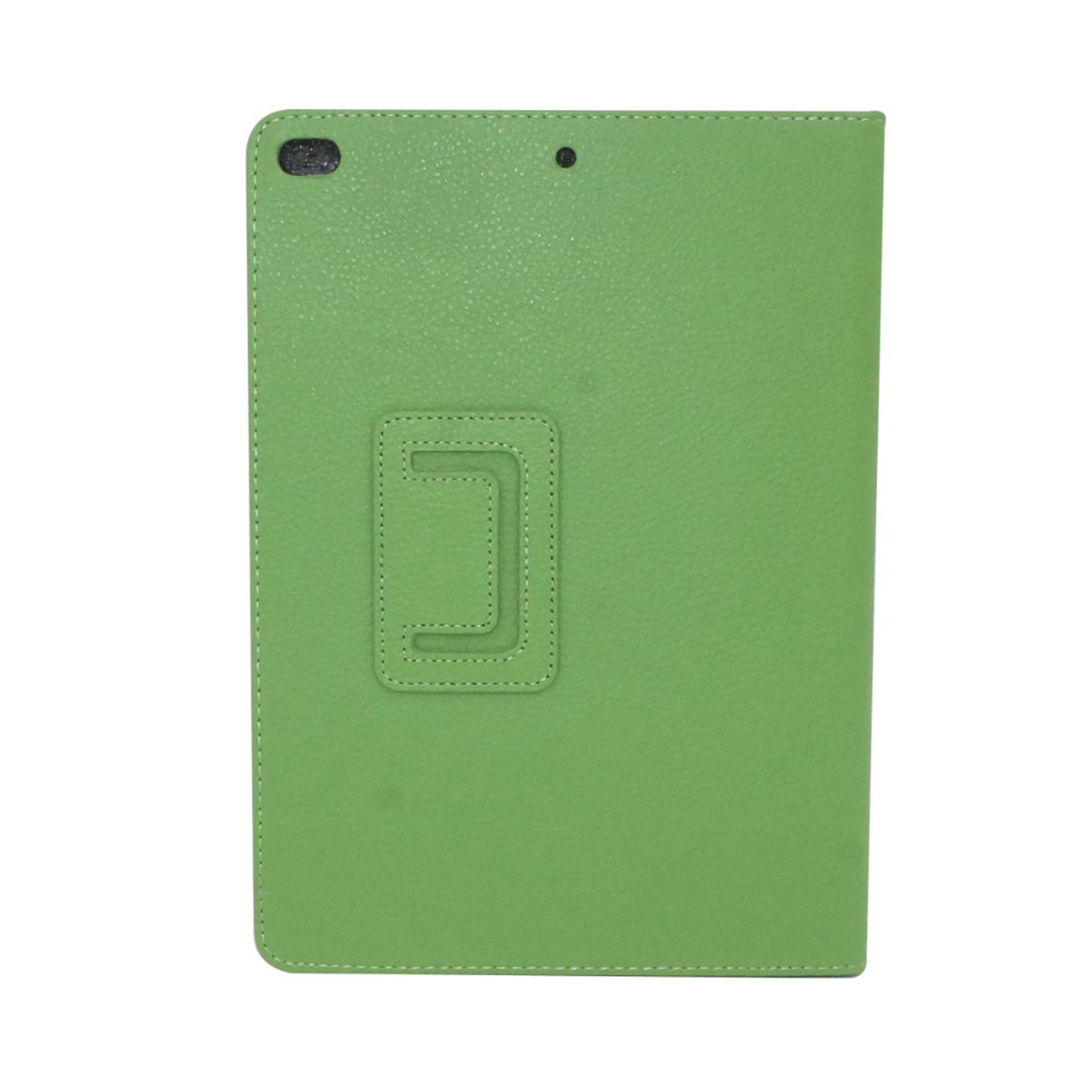 Eine geschlossene grüne Tablet-Hülle mit strukturierter Oberfläche und Griffeinschnitt.