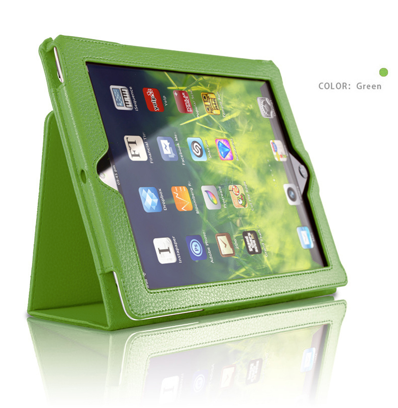Ein grünes Tablet in einer grünen Hülle mit Apps. Grüner Punkt zeigt die Farbe an.