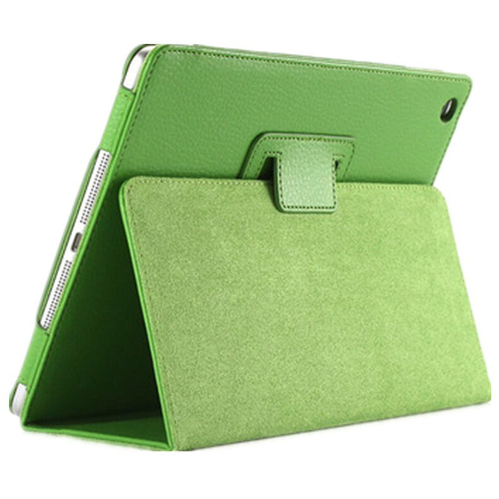 Grüne Tablet-Hülle, offen. Das Tablet liegt auf dem gefalteten Deckel.