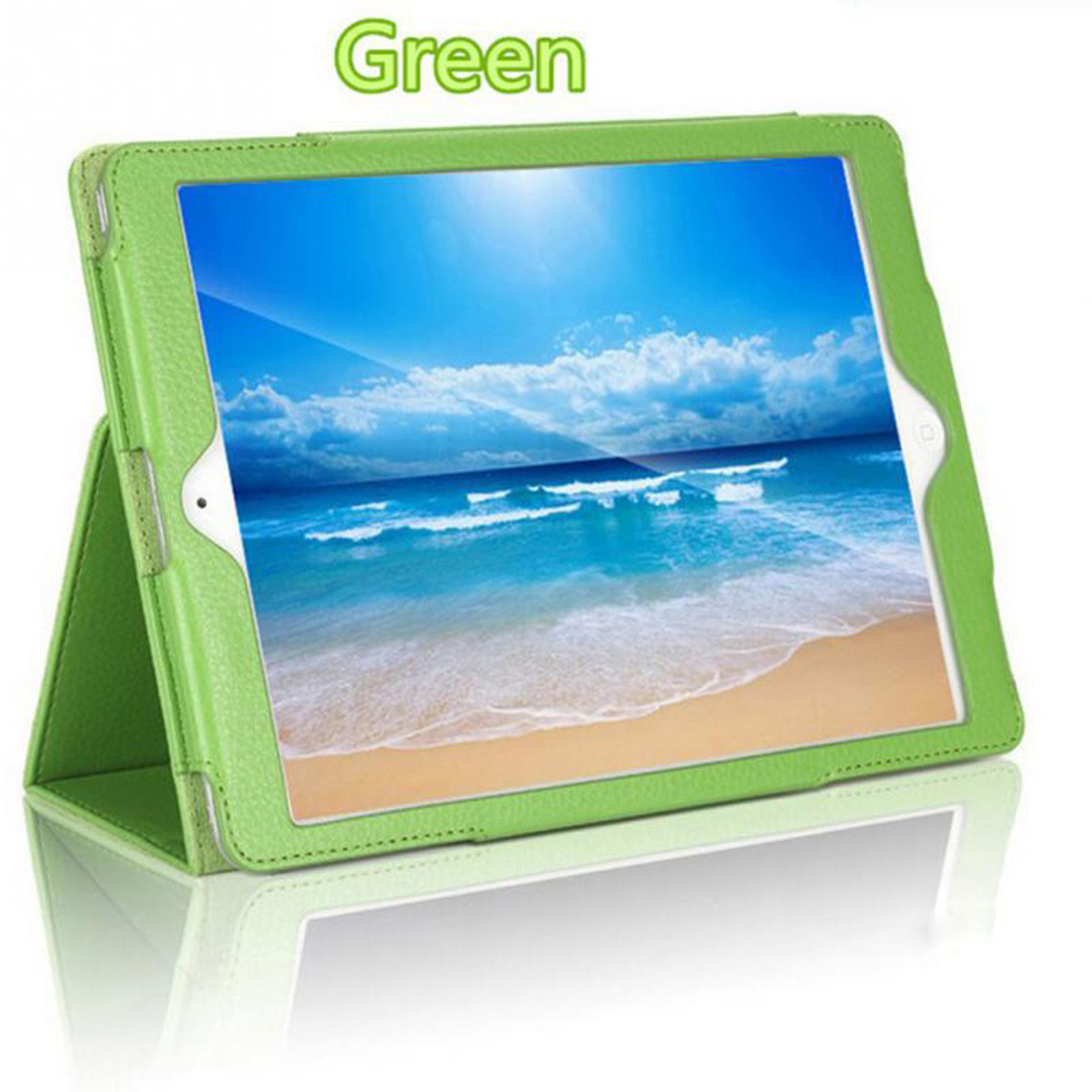 Tablet in grüner Hülle, Bildschirm zeigt Strandmotiv. Hülle ist geöffnet und aufgestellt.