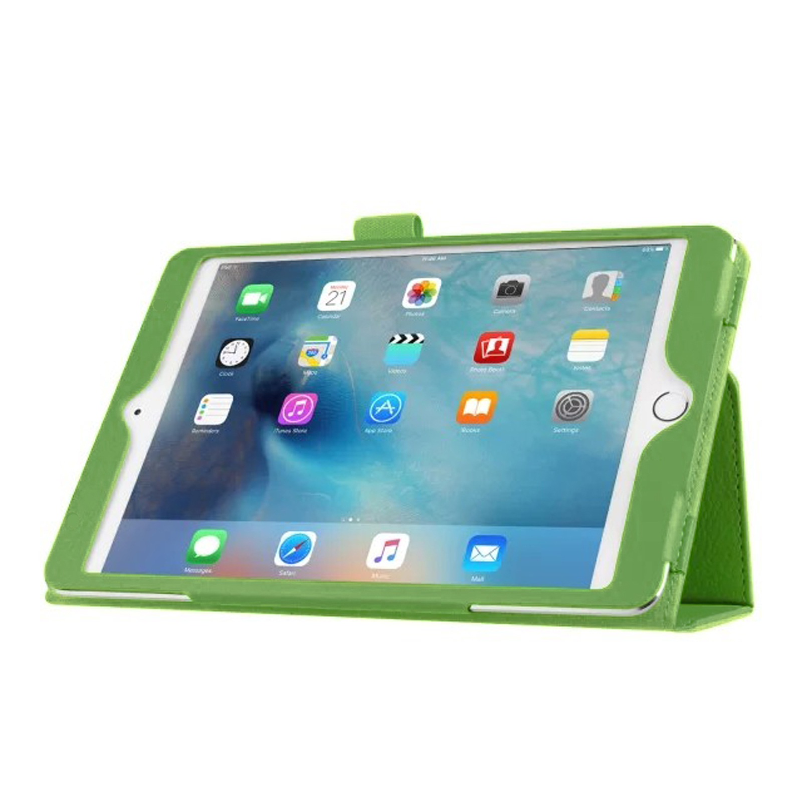 Grünes Tablet in grüner Hülle. Der Bildschirm zeigt App-Symbole. Die Hülle ist geschlossen.