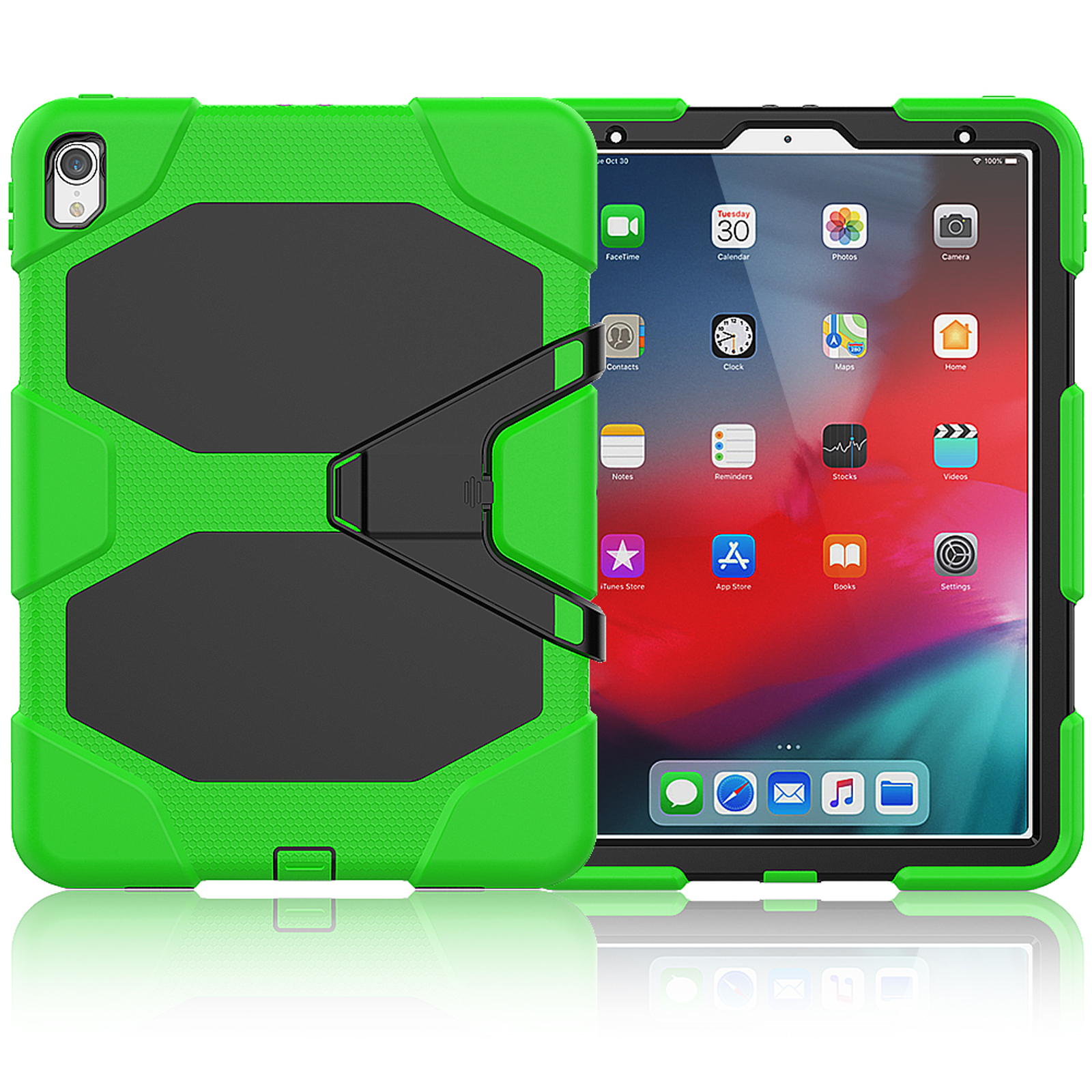 Grüne und schwarze Tablet-Hülle offen, mit Tablet innen. Zeigt Bildschirm und schwarzen Ständer.