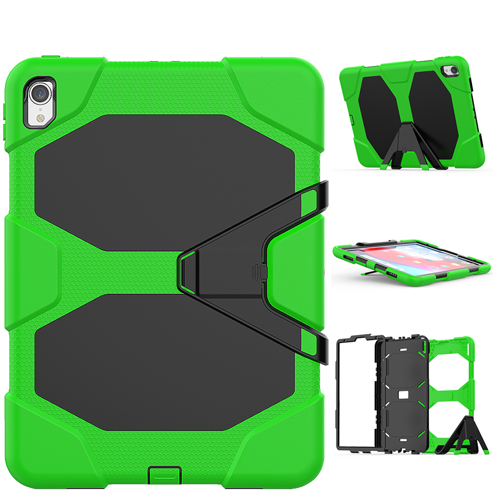 Grüne und schwarze Tablet-Hülle, mehrere Ansichten, robustes Design.