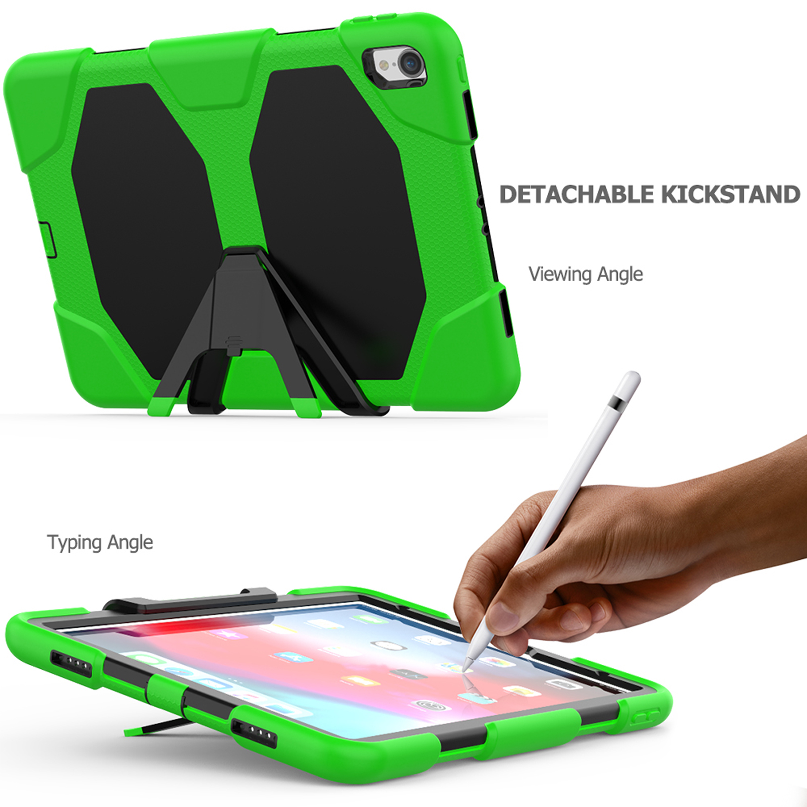 Grüne Tablethülle mit Ständer und Stift, weißer Hintergrund, Textüberlagerung.