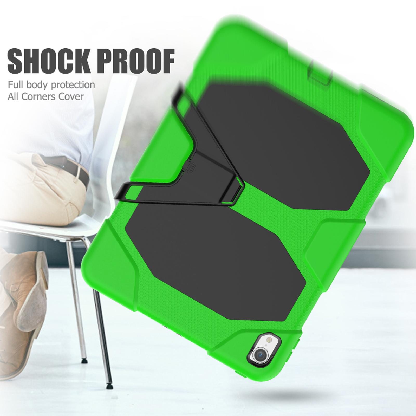 Grüne und schwarze Tablet-Hülle. Text lautet "SHOCK PROOF" und "Full body protection".