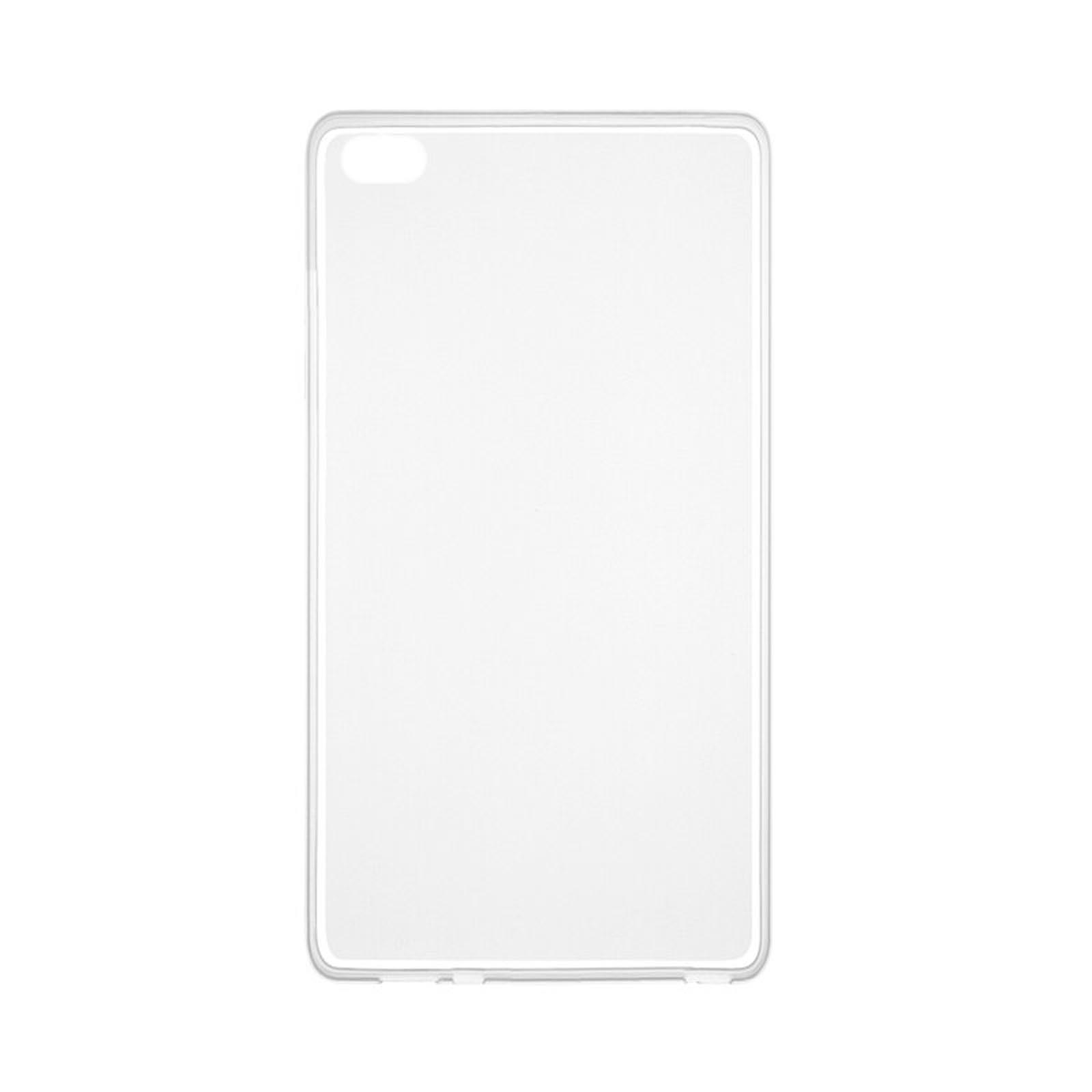 Eine transparente Tablethülle, rechteckig, mit Kameraöffnung und glatter, klarer Oberfläche.