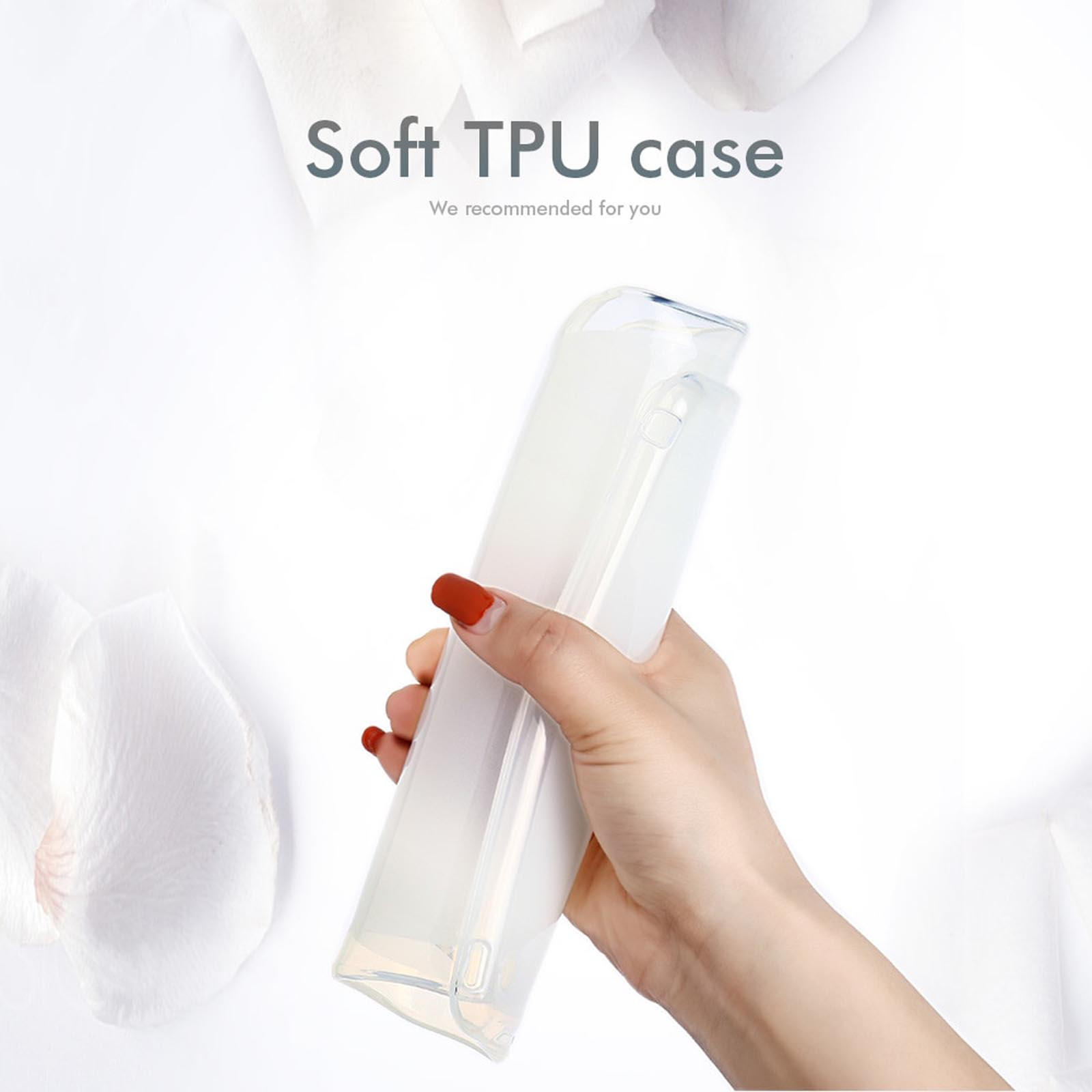 Hand hält zwei transparente Handyhüllen. Text sagt Soft TPU case.