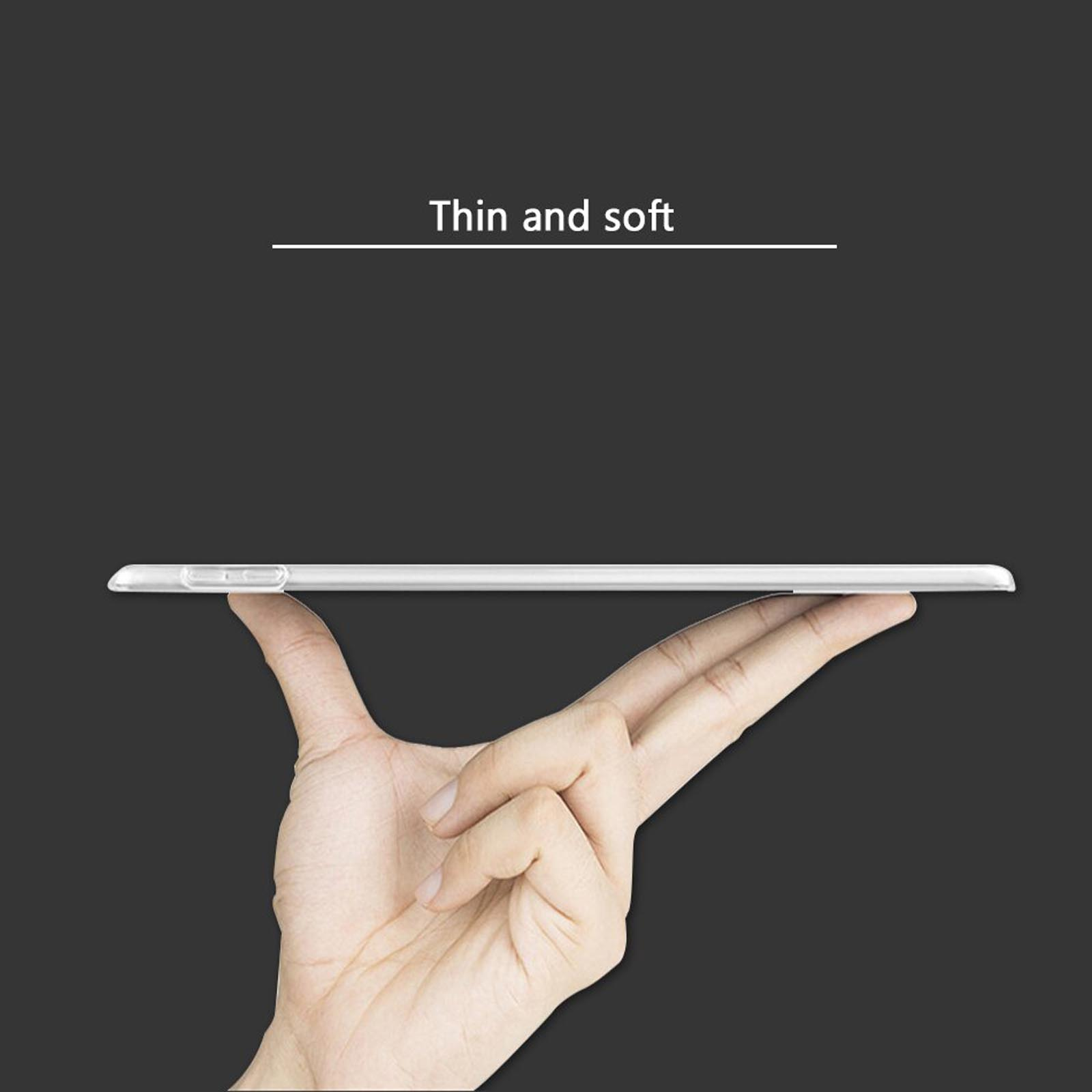 Hand hält Tablet, Seitenansicht, dünn und weich.