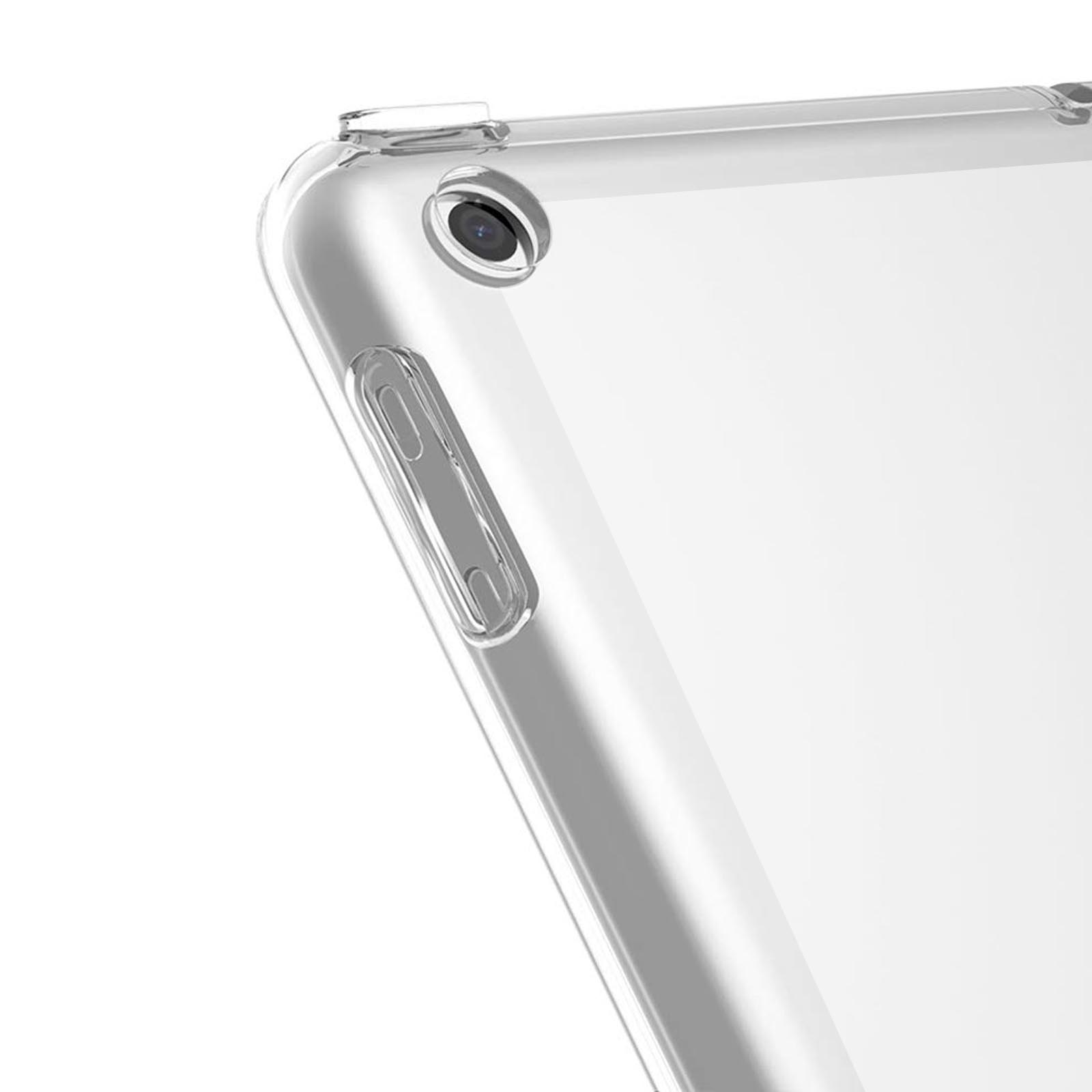Nahaufnahme einer transparenten Tablet-Hülle. Der Hintergrund ist weiß. Die Hülle hat ein Kameraloch.