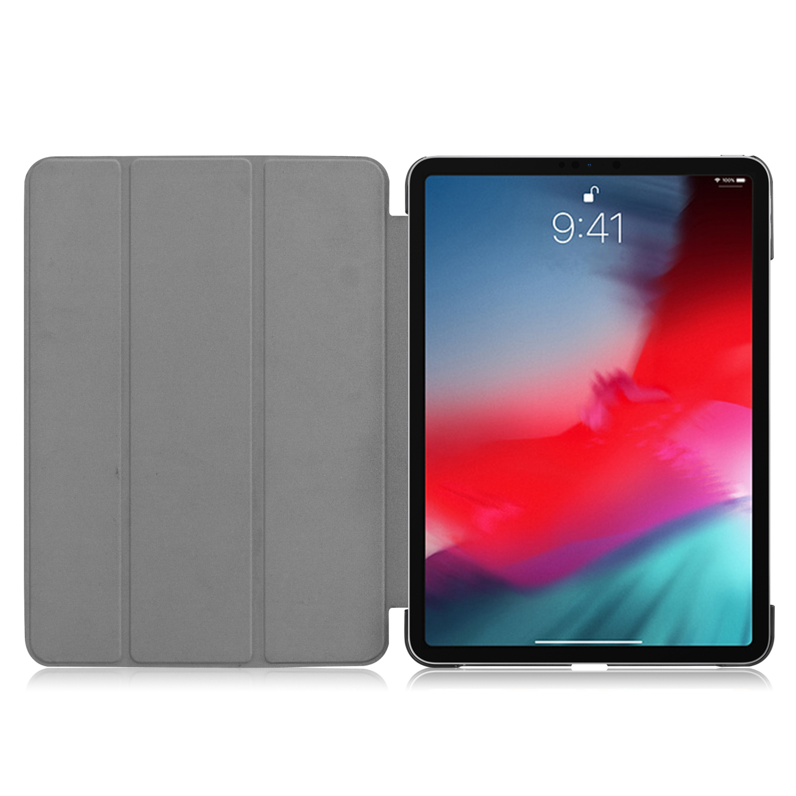Ein graues Tablet mit der Uhrzeit 9:41 Uhr auf dem Bildschirm. Das Tablet befindet sich in einem grauen Gehäuse.