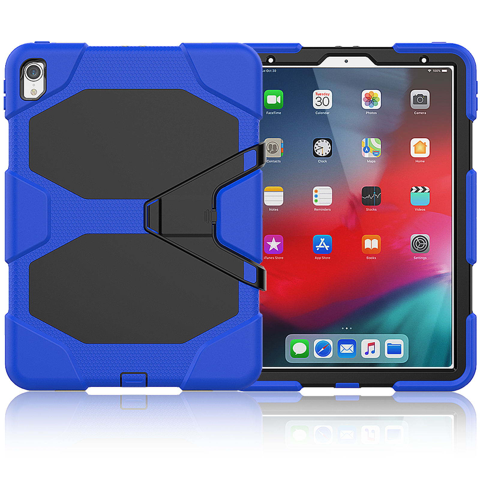 Blau-schwarze Tablethülle mit Ständer. Tablet-Bildschirm zeigt Apps.