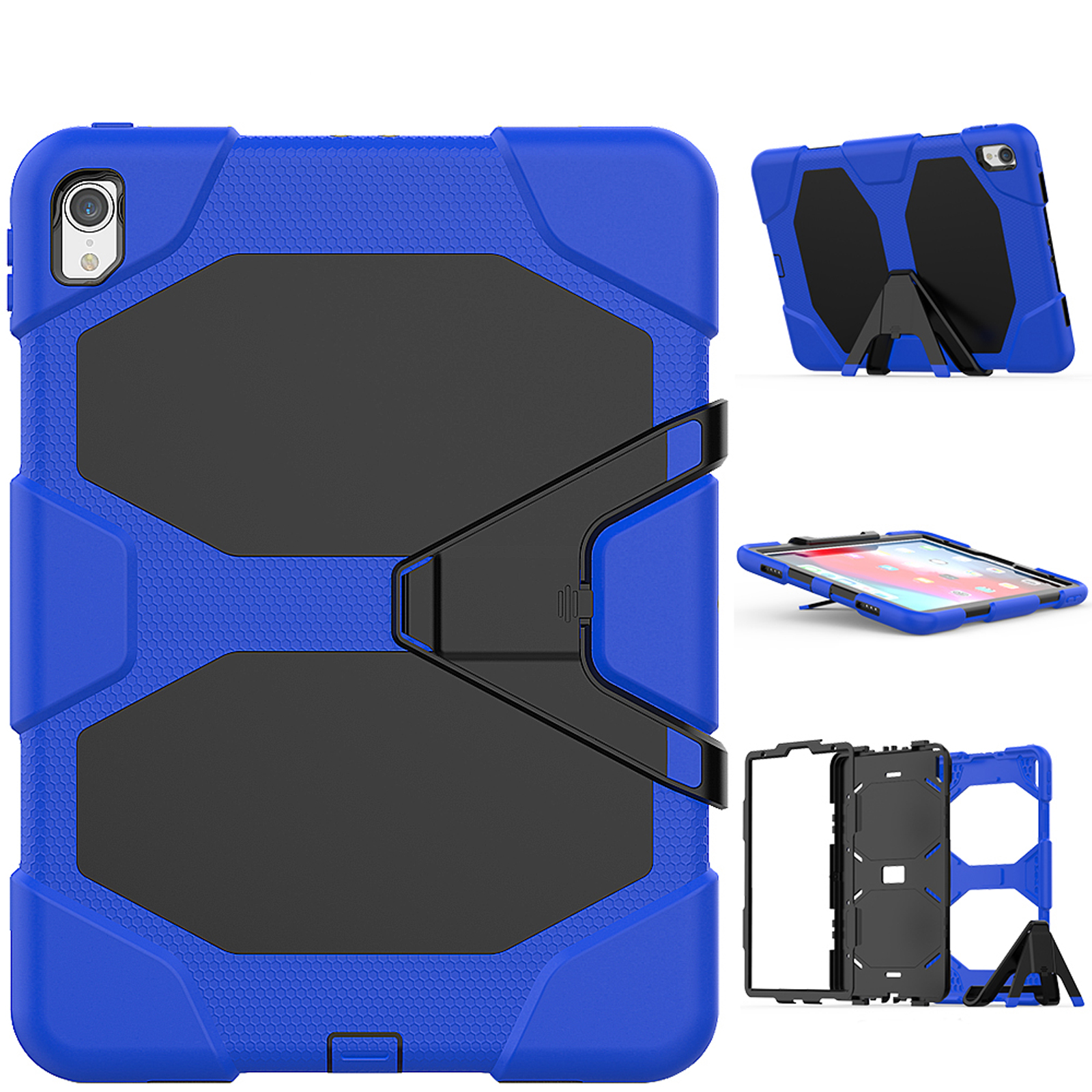 Blaue Tablethülle mit schwarzen Akzenten und Ständer. Mehrere Ansichten.