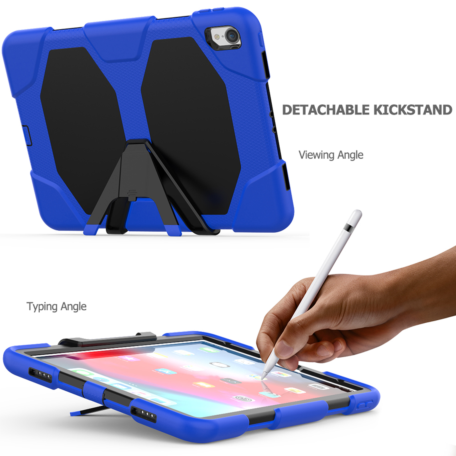 Blaue Tablethülle mit Ständer und Stift. Die Hülle liegt auf einem Tisch, in zwei Winkeln.
