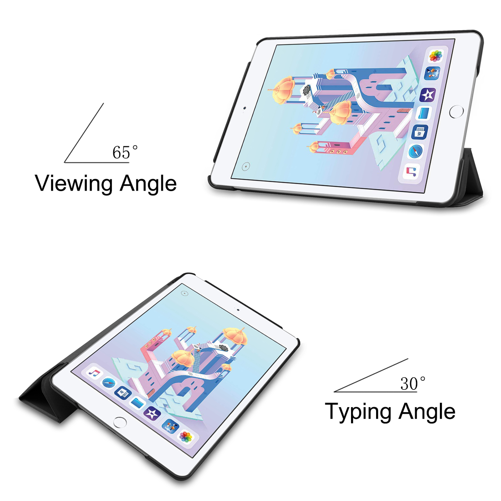 Tablet in einem Gehäuse, Anzeige- und Tippwinkel werden angezeigt. Das Tablet zeigt eine bunte Oberfläche.
