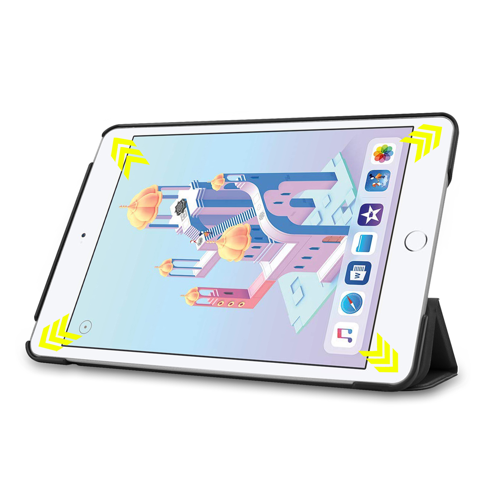 Tablet mit Ständer in schwarzem Gehäuse, das einen App-Bildschirm anzeigt, mit gelben Eckmarkierungen.