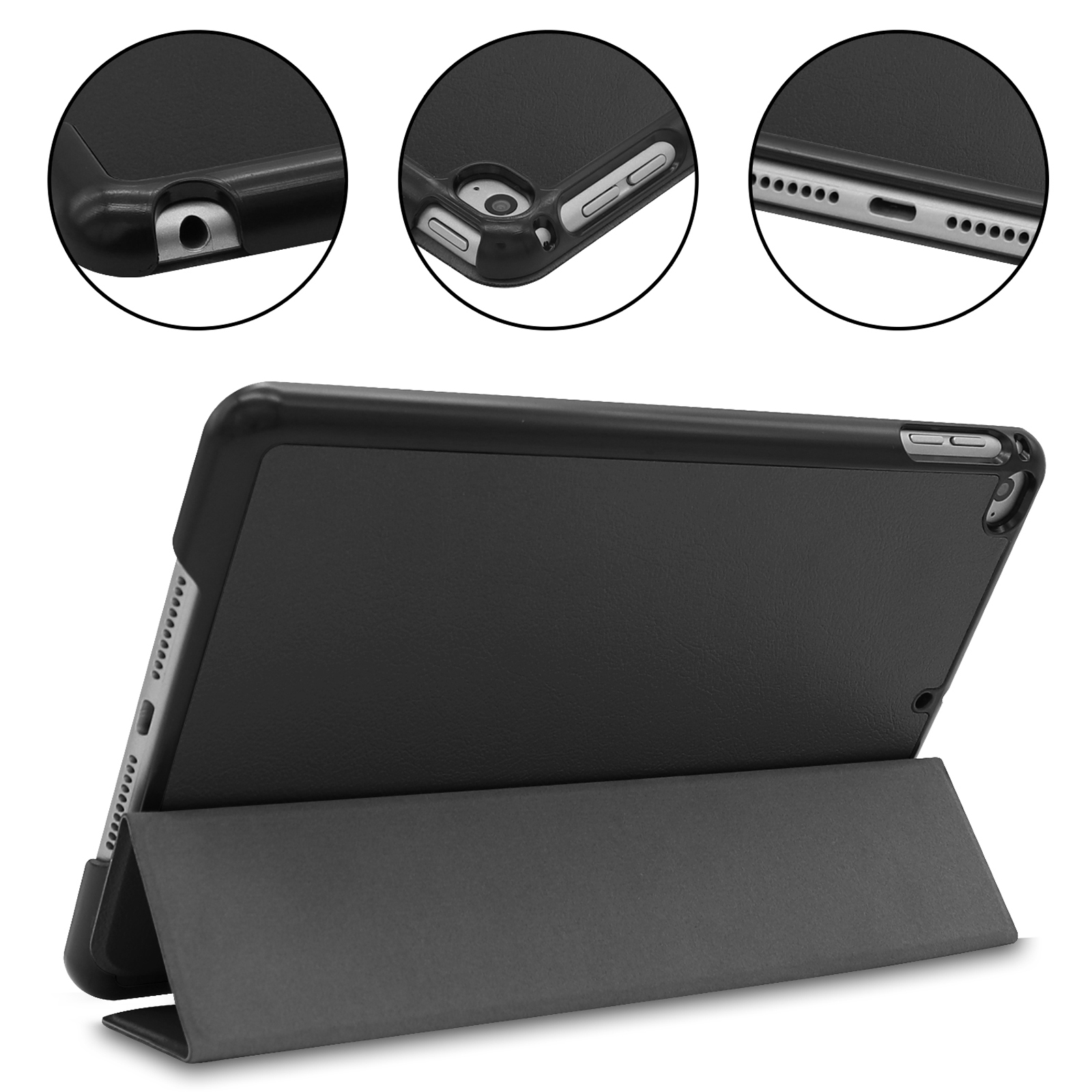Tablet in schwarzer Hülle. Drei Nahaufnahmen der Hülle mit Detailansichten von Anschlüssen und Kanten.