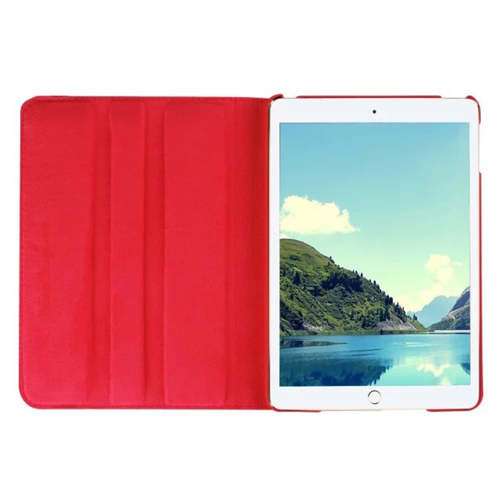 Rote Tablethülle mit roter Innenseite und Tablet mit Landschaft mit Bergen und Wasser.