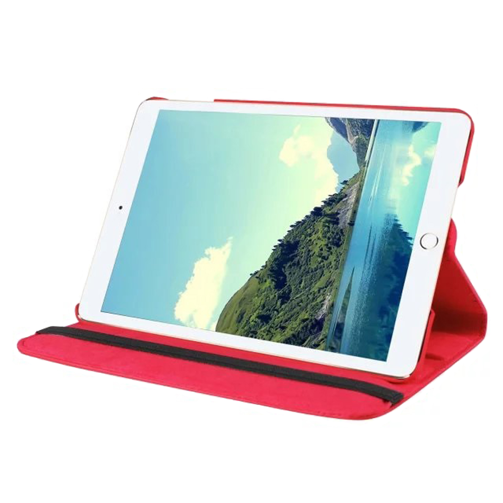 Rote Tablethülle mit einem Tablet darin. Der Bildschirm zeigt eine Landschaft aus Bergen und Wasser.
