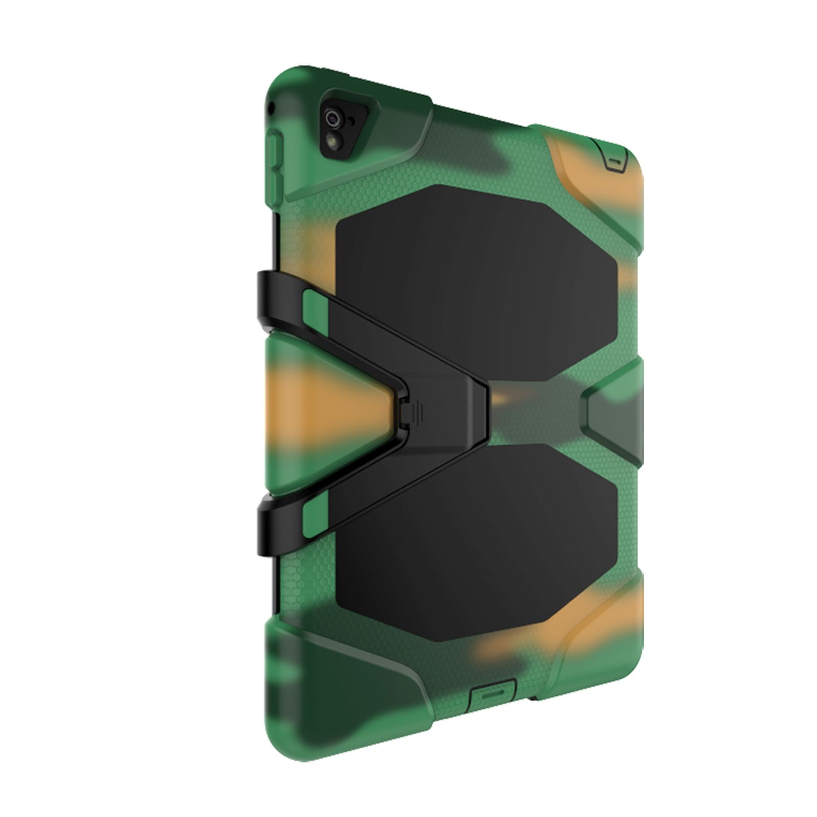 Tablet in einer grün-schwarzen Camouflage-Hülle. Die Hülle ist robust und hat einen Ständer.