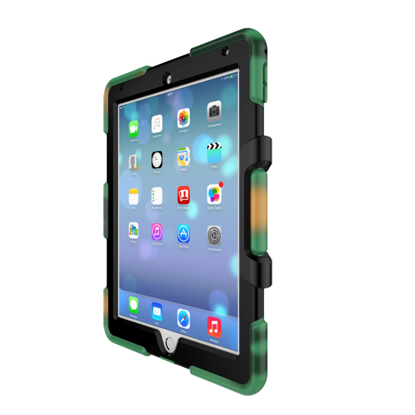 Tablet in einer grün-schwarzen Hülle. Die Hülle hat ein robustes Design.