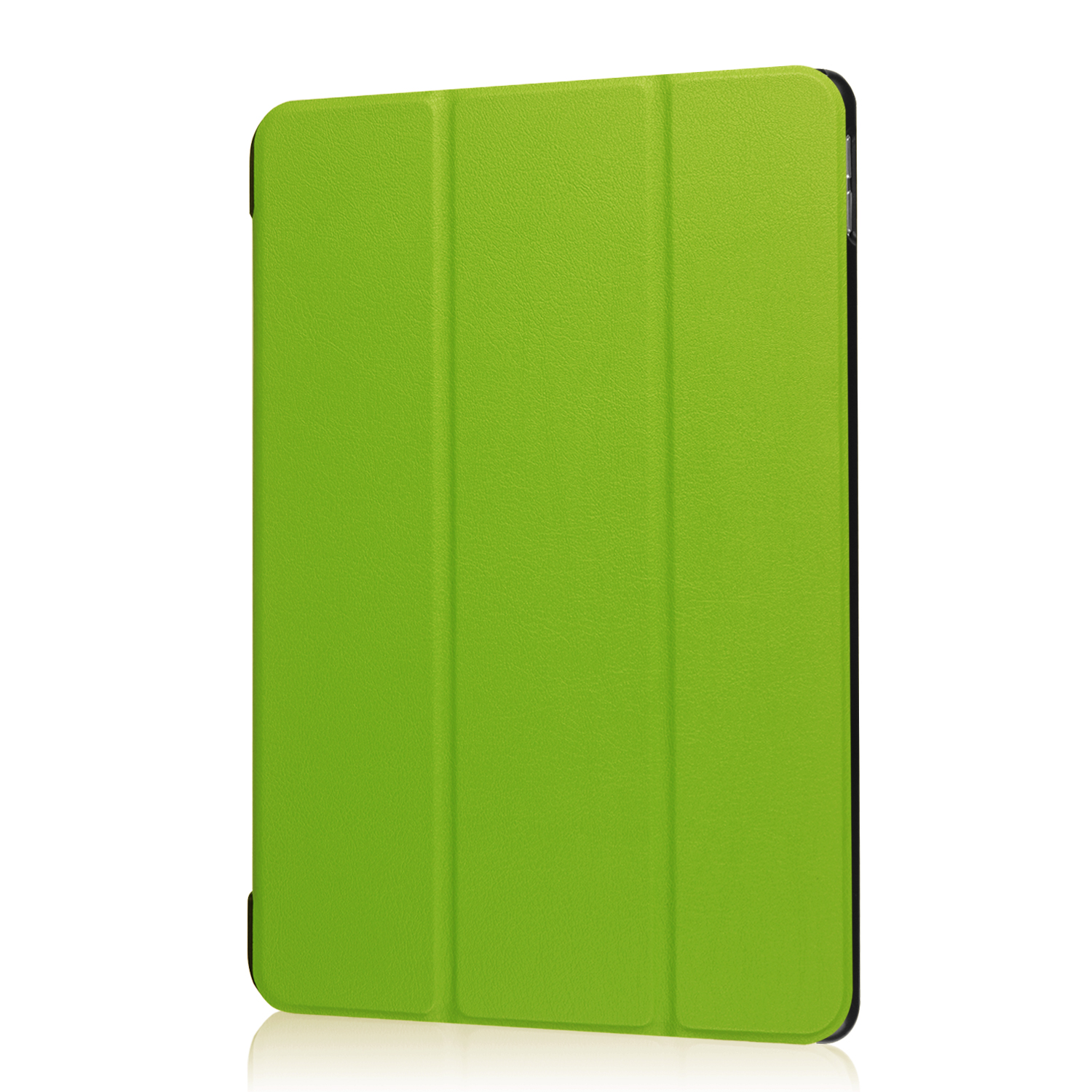 Eine grüne Tablet-Hülle, geschlossen und stehend. Die Hülle hat eine strukturierte Oberfläche.