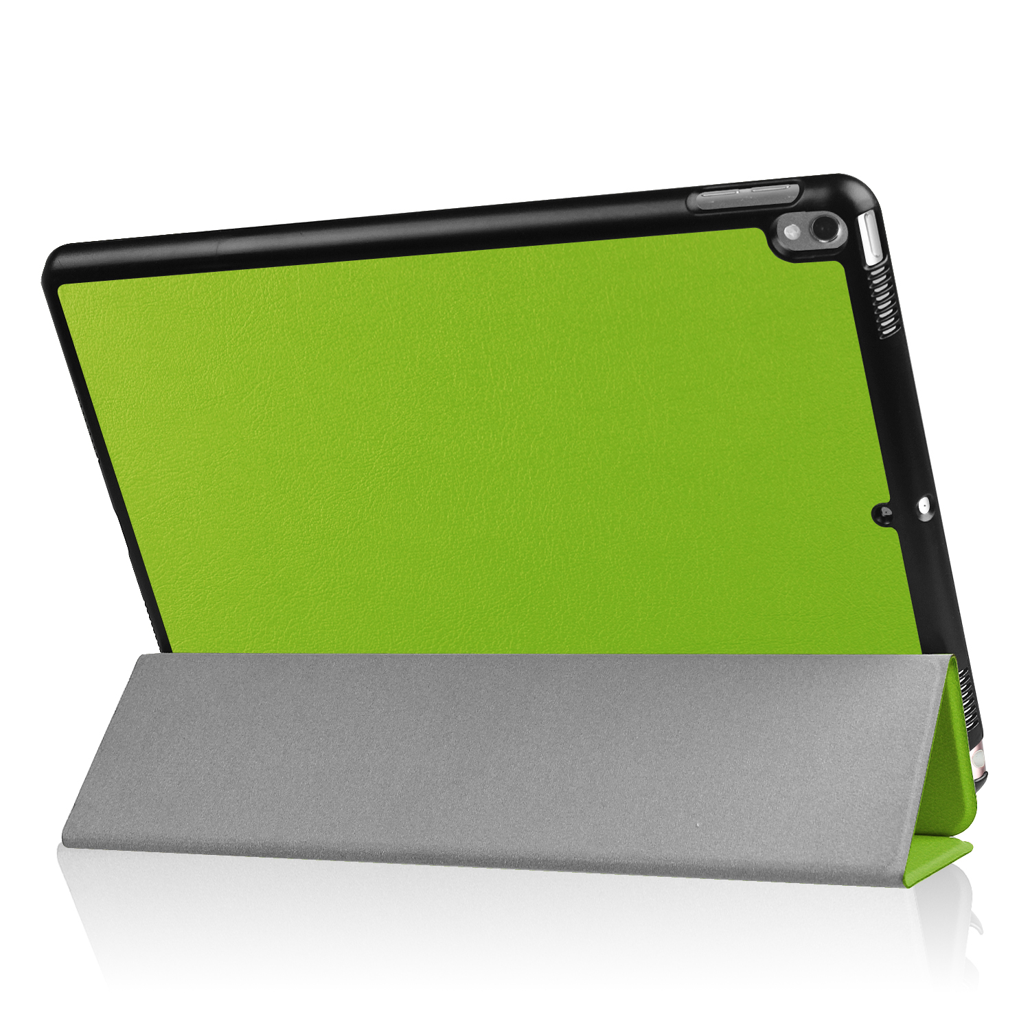 Tablet mit grüner Lederhülle offen. Der Tablet-Bildschirm ist eingeschaltet und sichtbar.