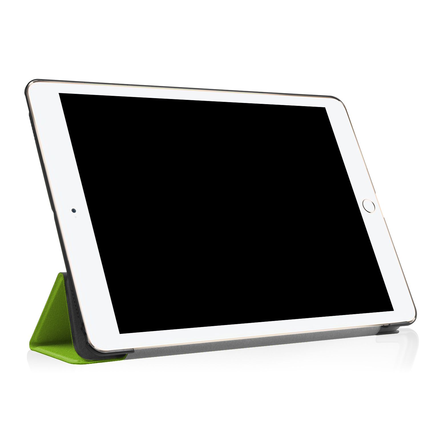 Tablet in grüner Hülle, aufgestellt. Schwarzer Bildschirm. Weißer Hintergrund.