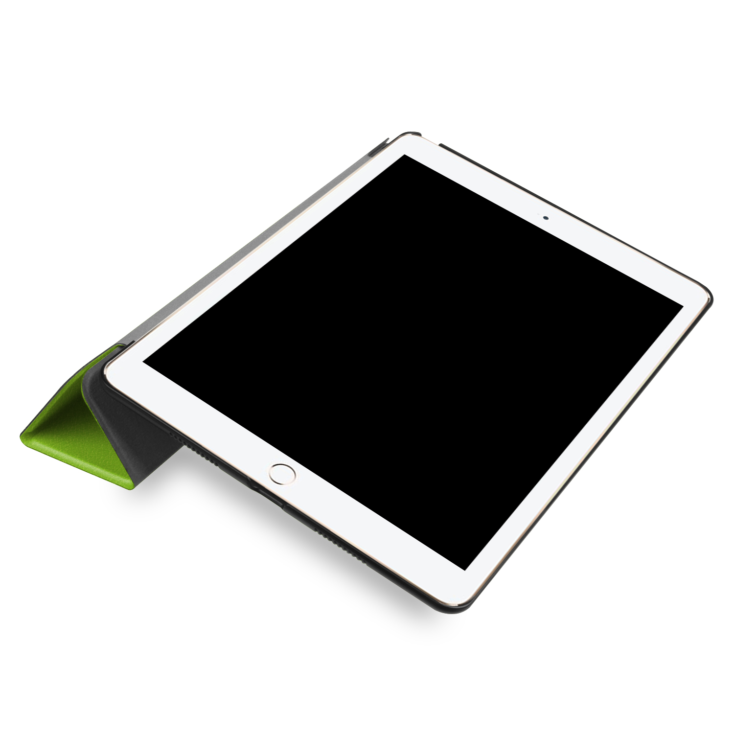 Tablet in schwarzem Gehäuse mit grünem Ständer. Der Bildschirm ist aus und zeigt eine schwarze Oberfläche.