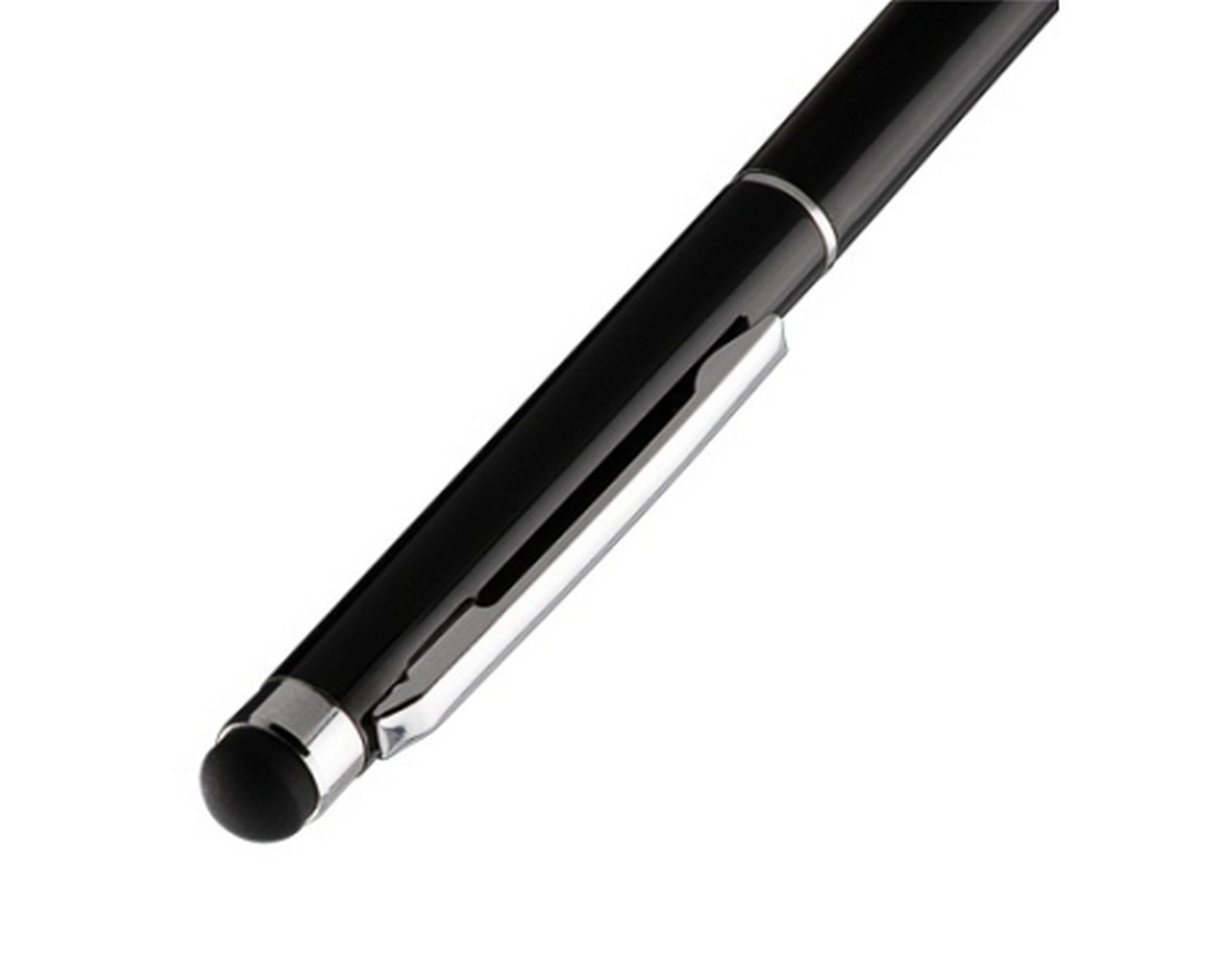 Schwarzer Stift mit silbernem Clip, weißer Hintergrund.