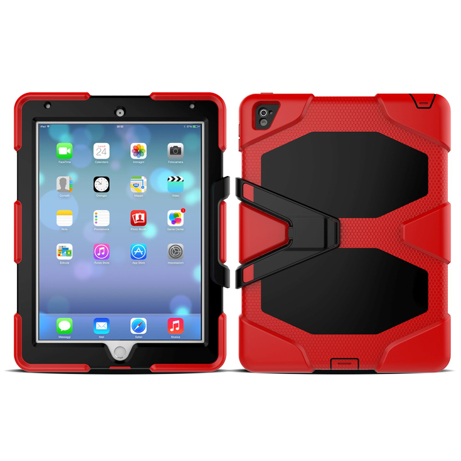 Tablet in rot-schwarzer Hülle. Das Tablet ist angewinkelt und zeigt den Bildschirm. Die Hülle ist robust.