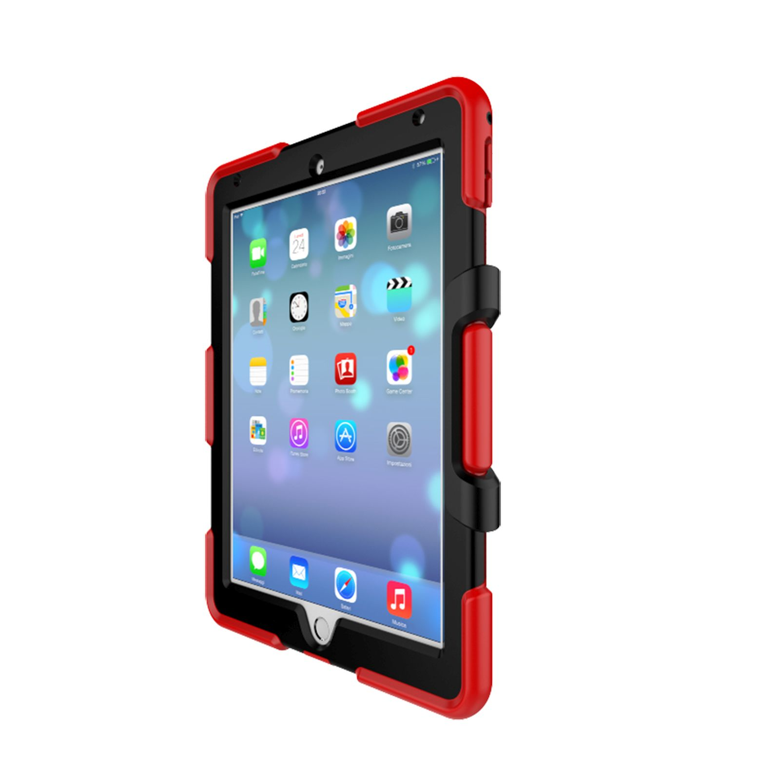 Ein Tablet in einer rot-schwarzen Hülle wird auf weißem Hintergrund gezeigt.