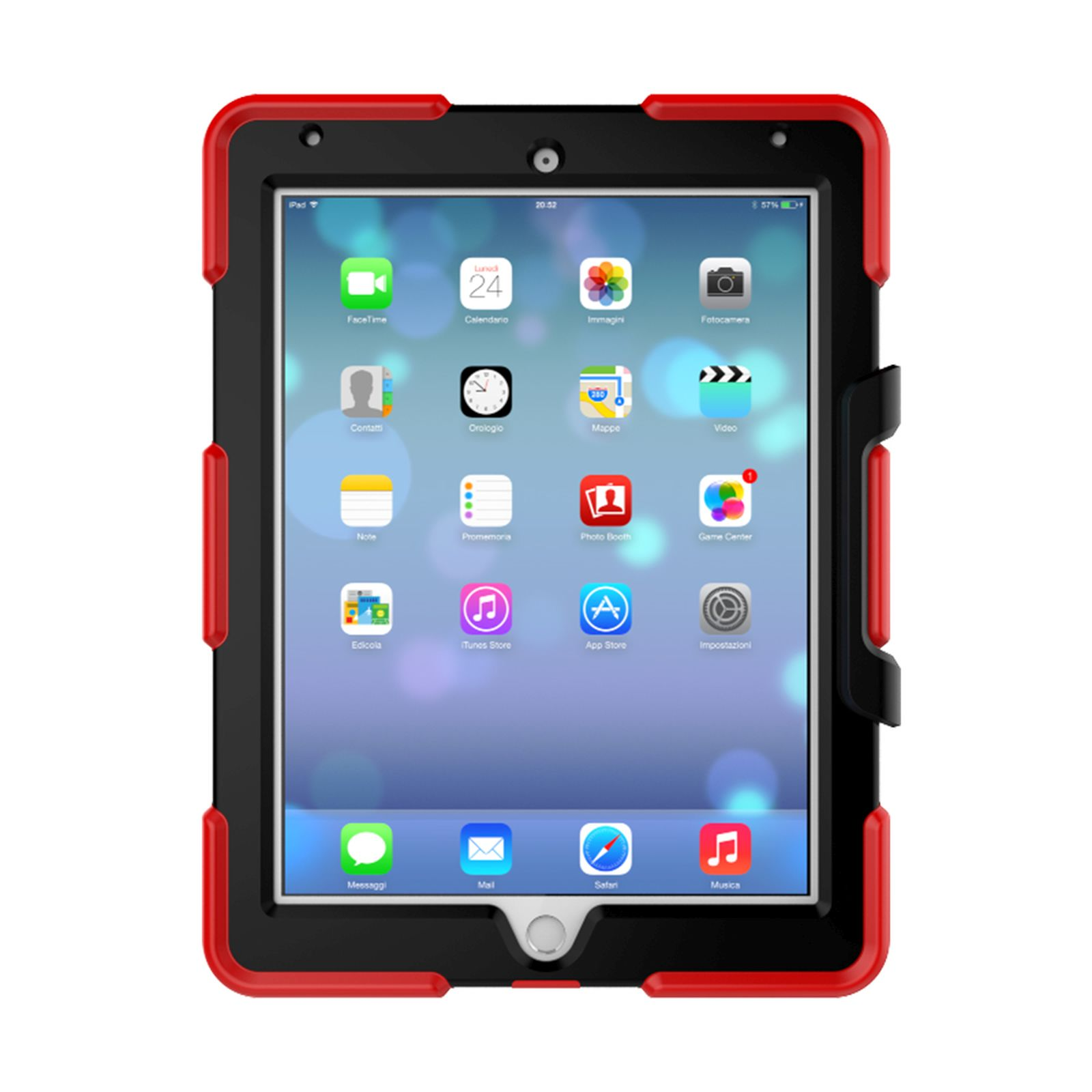 Tablet in roter und schwarzer Hülle, zeigt App-Symbole auf dem Bildschirm.