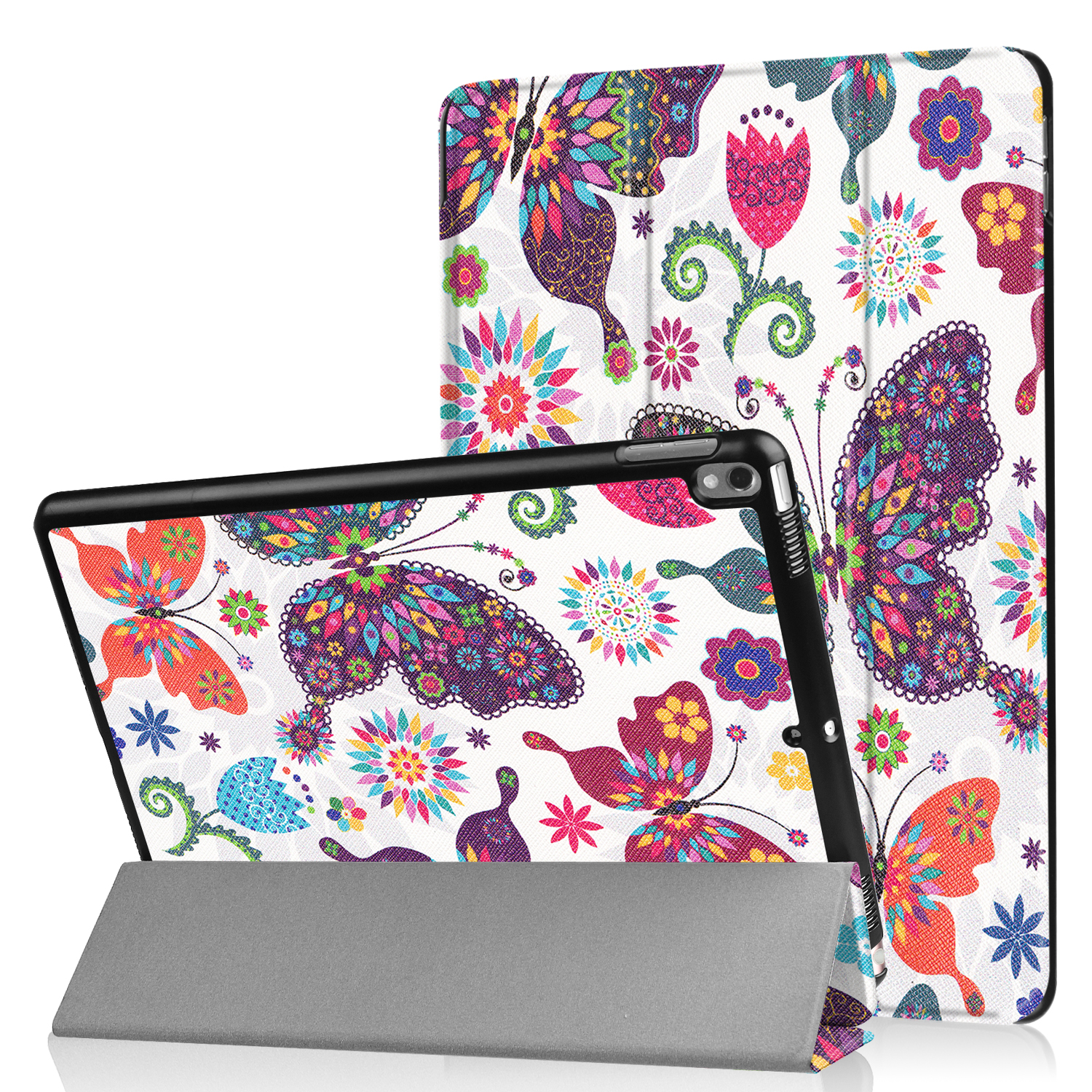 Tablet mit floraler Hülle. Schmetterlinge und Blumen Design.