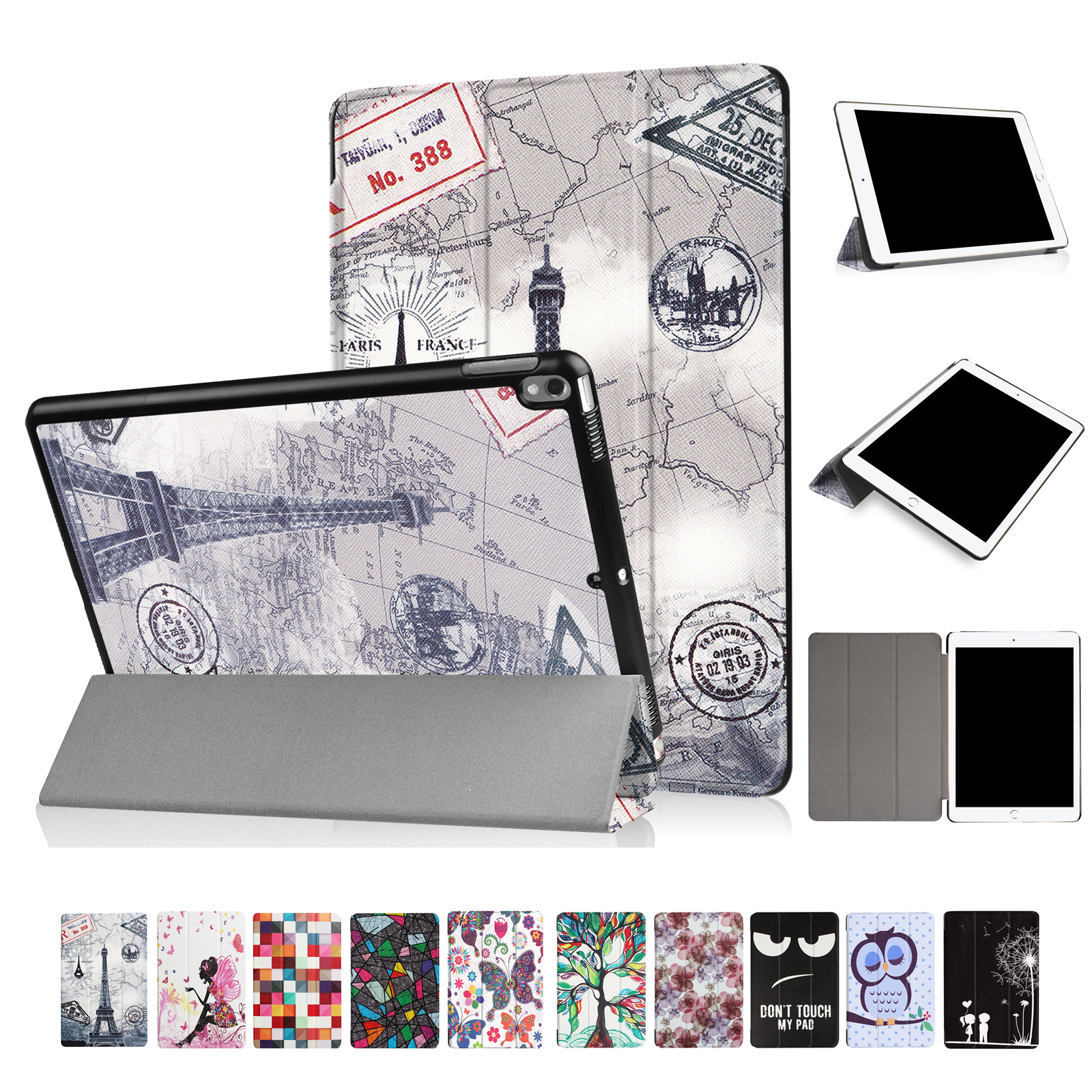 Eine Vielzahl von Tablethüllen mit verschiedenen Designs, darunter Karten, Stempel und der Eiffelturm.