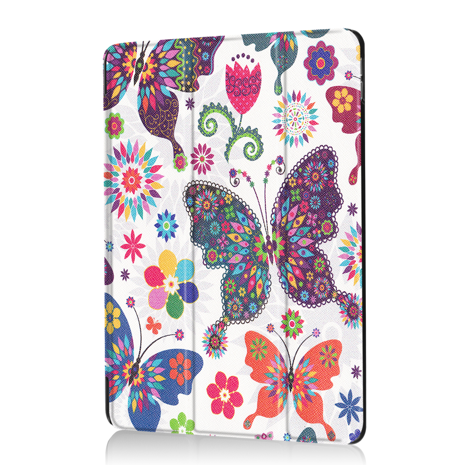 Tablethülle mit bunten Schmetterlingen und Blumen. Weißer Hintergrund.