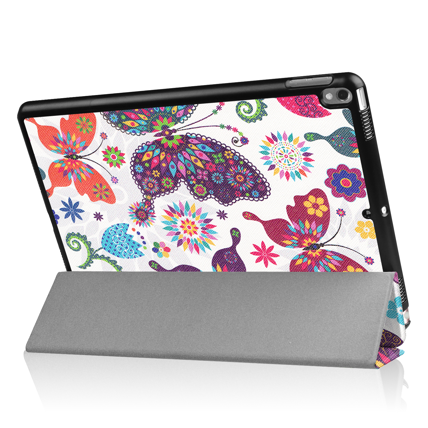Tablet mit bunter Schmetterlings-Designhülle, grauem Ständer. Weißer Hintergrund.