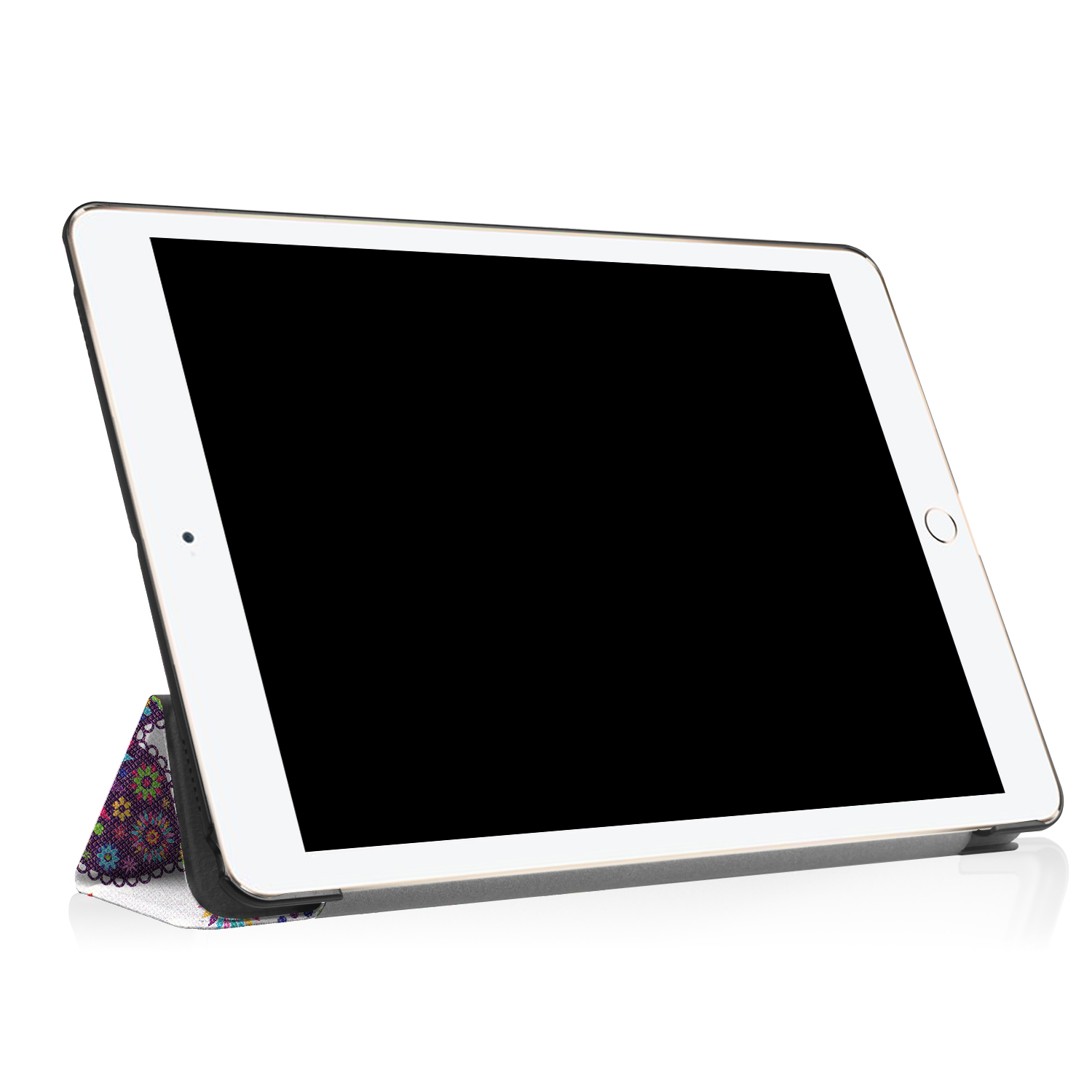 Ein iPad in einer Hülle, leicht angewinkelt, mit leerem schwarzem Bildschirm und farbenfrohem Muster.