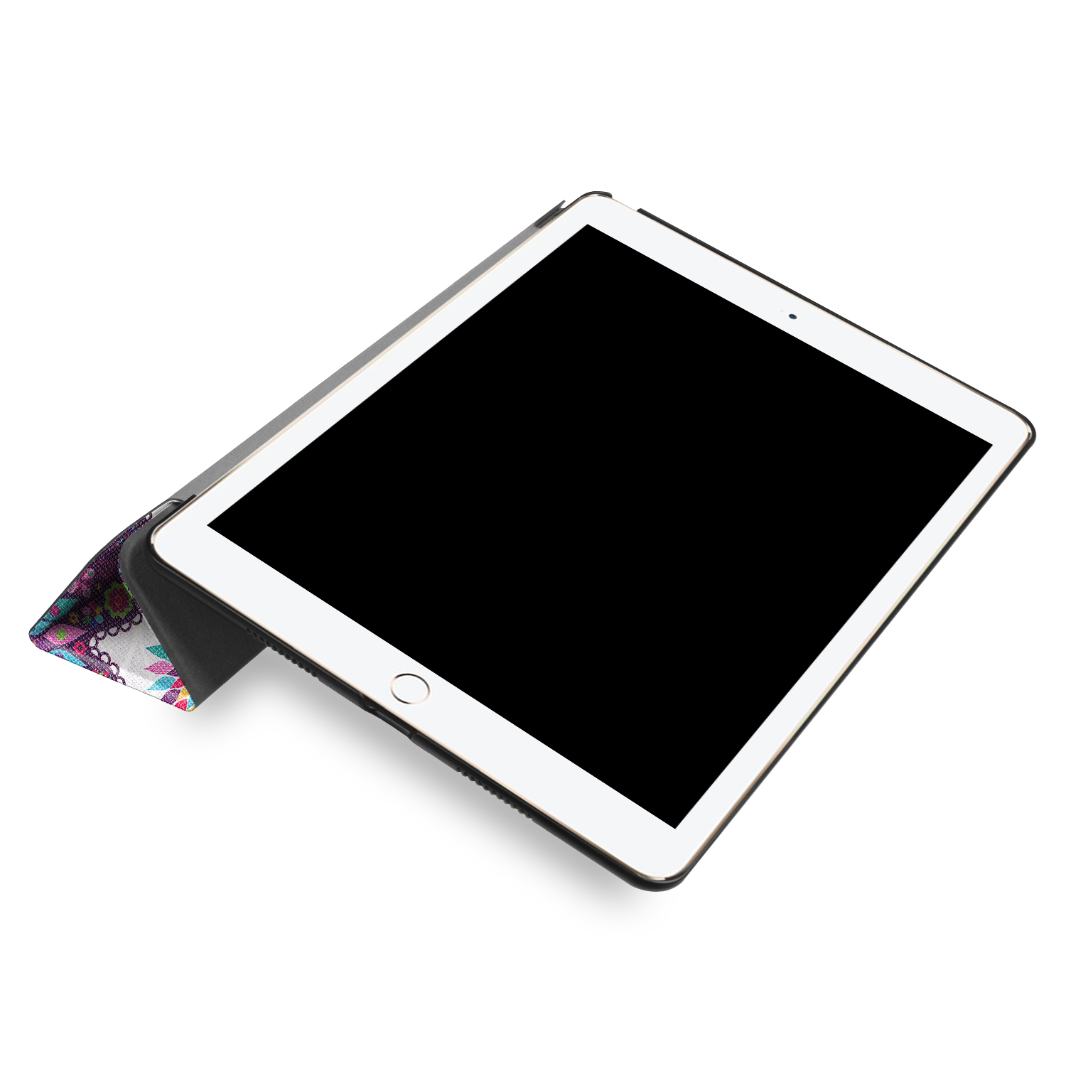 Tablet mit schwarzer Hülle, offen, angewinkelt, zeigt farbenfrohes Muster im Inneren der Abdeckung.