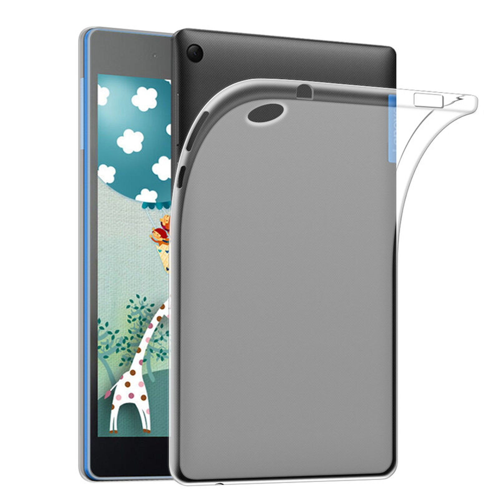Tablet mit transparentem Cover, das eine Giraffe und einen blauen Himmel zeigt.