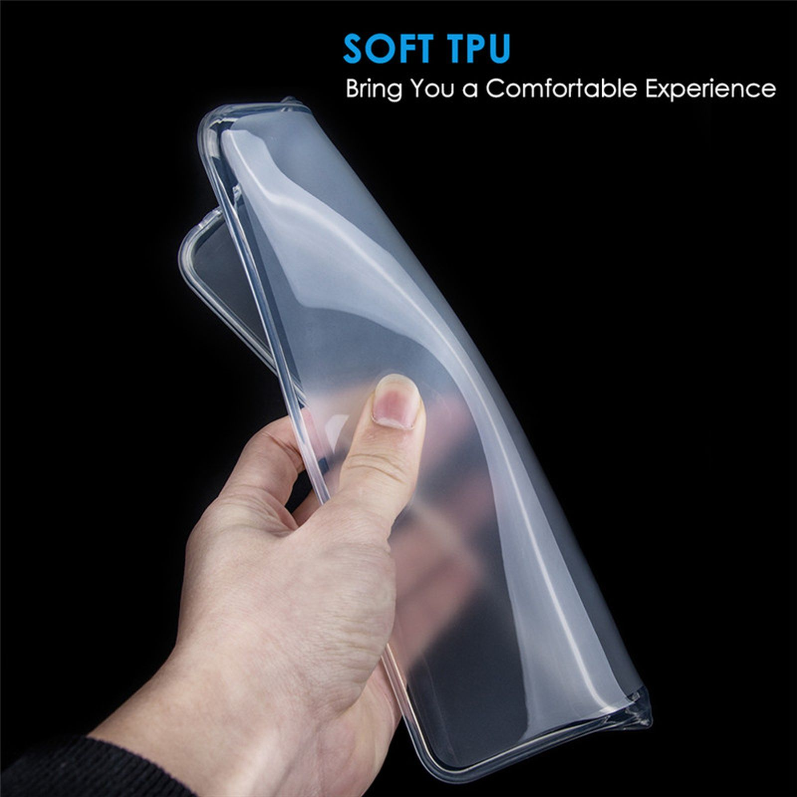 Hand hält eine transparente Handyhülle. Schwarzer Hintergrund.
