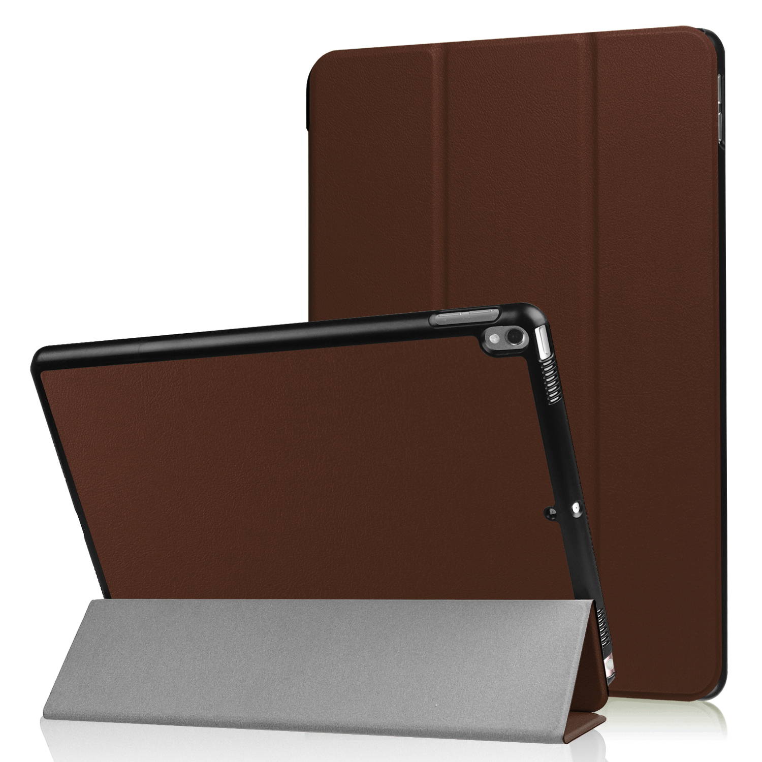 Braune Tablet-Hülle mit Tablet und Ständer.