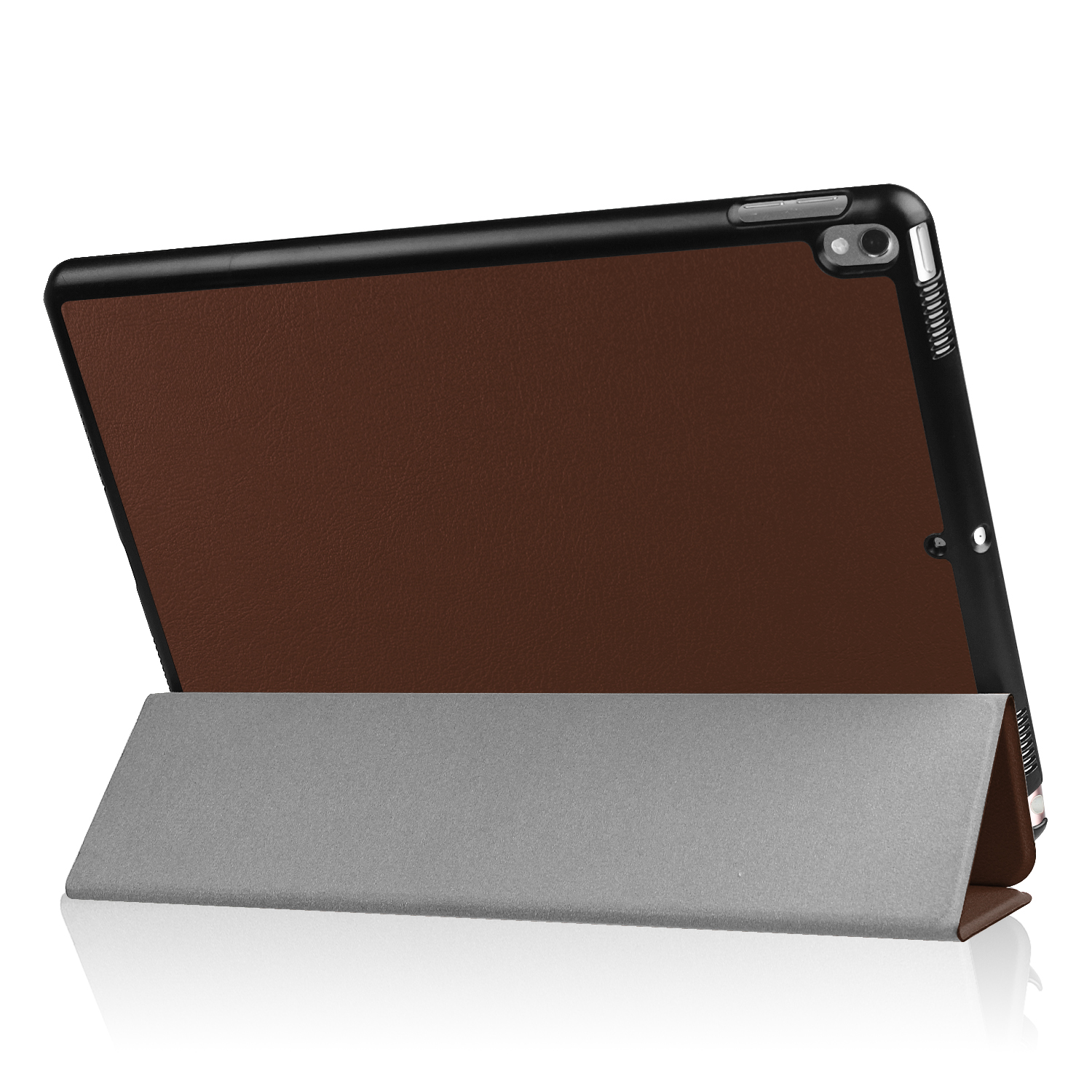 Tablet-Hülle, braune Lederhülle, grauer Ständer. Schwarzer Rand.