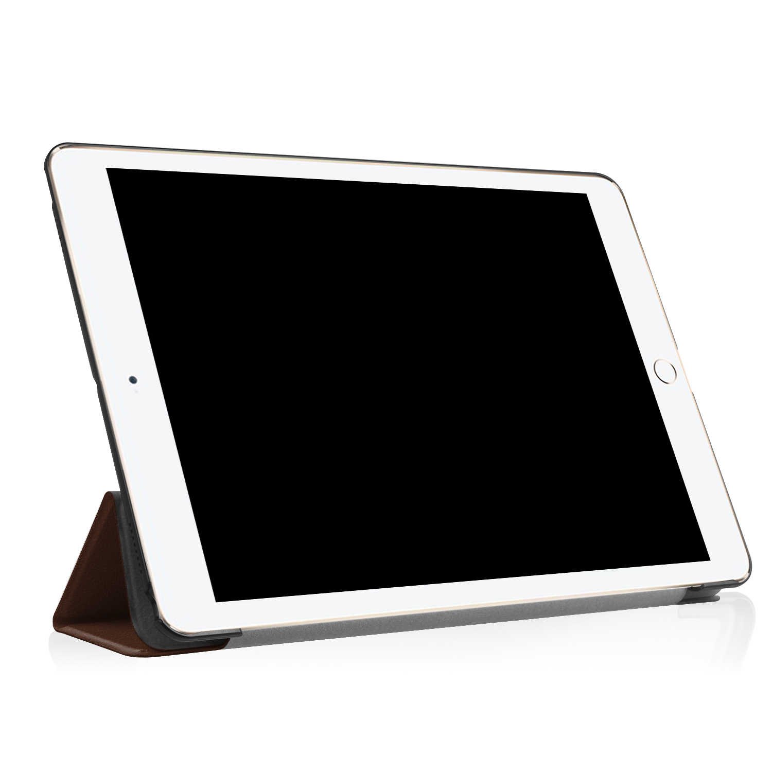 Tablet in braunem Gehäuse, aufgestellt. Schwarzer Bildschirm, weißer Rand.